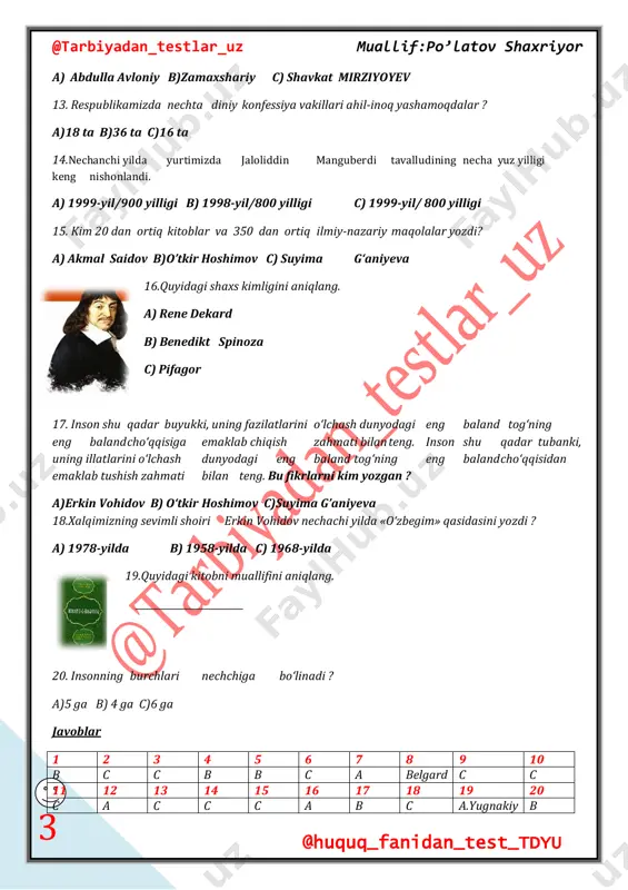 ojiddin mirzo 4. nima –barcha yomonliklarning boshidir ? a) hasadgo‘ylik b) g‘azab c) giyohvandlik 5. umr so’zini uzaytirilgan shaklini toping. a) urush,mas’uliyat, riyozat b) umid, mas’uliyat, riyozat c)uzrlilik, mas’uliyat, riyozat 6.kim telegram va vkontakte ijtimoiy tarmoqlari asoschisi ? a)nikolay b) pavel durov c)a va b javoblar 7. ixtirochilikning 10 foizi tasavvur bo‘lsa, 90 foizi mashaqqatli mehnatdir. quyidagi fikr muallifini aniqlang. a) tomas edison b) janubiy koreya posco kompaniyasining shiori c) ferdinand sheval 8. pavel durov qayerda tavallud topgan? a)moskva b) sankt-peterburg c) belgard 9.nechanchi yilda durov digital forest kompaniyasiga asos soladi ? a) 2014-yil b) 2019-yil c )2013-yil 10. statis tika ma’lumotlarga ko‘ra, giyohvandlik oqibatida har yili necha mingdan ortiq odam hayotdan ko‘z yumadi ? a) 200 mingdan ortiq b) 400 mingdan ortiq c) 300 mingdan ortiq 11. fransiyalik ferdinand shevalni kim deyishar edi ? a)o’qituvchi b)usta c) pochtachi @tarbiyadan_testlar_uz muallif:po’latov shaxriyor @huquq_fanidan_test_tdyu 5 12. vkontakte qachon yaratilgan ? a)2006-yil, …