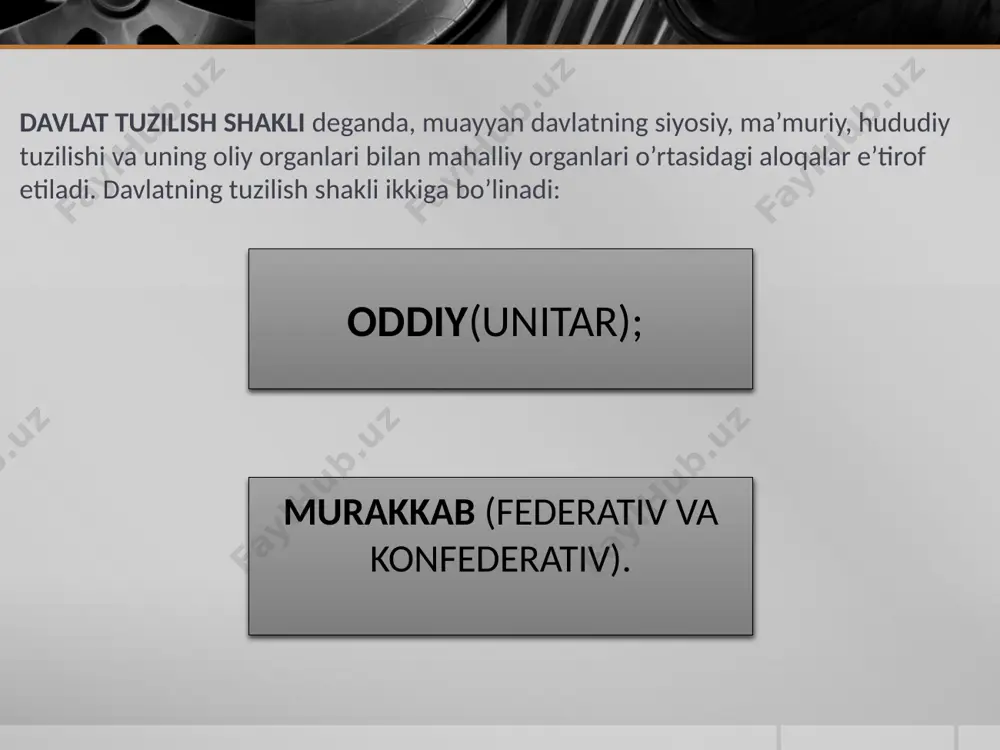 okimiyati muqaddas va daxlsiz deb e’lon qilinadi; 4) hokimiyatni o’rnatish va qabul qilishning alohida tartibi mavjud; 5) monarx o’z faoliyati natijasi uchun yuridik jihatdan javobgar emas. monarxiya: monarxiyaning 3 turi mavjud: 1.mutlaq monarxiya 2. cheklangan monarxiya 3. noan’anaviy monarxiya mutlaq monarxiya shaklidagi boshqaruvning asosiy belgisi - monarxning to’la hokimiyatini cheklaydigan biron-bir davlat organi ning yo’qligidir. monarxiyaning yuridik xususiyatlari: hokimiyatdan muddatsiz, ya’ni umrbod foydalanish; - taxtni meros sifatida yoki qarindoshlik huquqi bo’yicha egallash; - tashqi aloqalarda kafolat (mandat) asosida emas, o’z shaxsiy huquqi bo’yicha vakillikni amalga oshirish; - davlat boshlig’i javobgarligining yo’qligi (faqat xudo oldida mas’ullik)dir. mutlaq monarxiya: mutlaq monarxiyadan farqli ravishda monarx hokimiyatining vakolatlari konstitutsiya va qonun asosida yoki davlatning biron-bir vakolatli idorasi tomonidan cheklangan bo’ladi. cheklangan monarxiya, o’z navbatida, dualistik va parlamentar turlarga bo’linadi. cheklangan monarxiya: dualistik monarxiya mutlaq monarxiyadan parlamentar monarxiyaga o’tishda oraliq, o’tish shakli bo’lib, hukmdor bilan bir qatorda, mutlaq monarxiya uchun xos bo’lmagan boshqa oliy davlat …