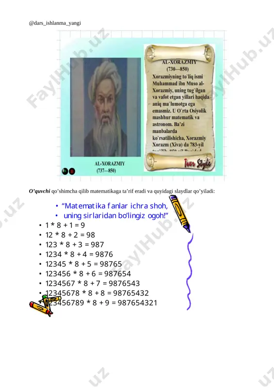 i xulqimiz va a’lo o’qishimiz bilan hozirdan tayyorlanib borishimiz kerak. bugungi darsga uy vazifalarni bajarib , tayyor bo’lib keldikmi? - o’quvchilar: ha , albatta . uy vazifasi slayd yordamida tekshiriladi: [image: ]-uy vazifalari to’g’ri chiqqan o’quvchilar beshqirrali yulduzning ikki qirrasini markaer yordamida chizib qo’yadilar. bu ularning bugungi darsda ularga berilgan 5 ta imkoniyatning ikkitasini qo’lga kirishganini bildiradi o’qituvchi: dts asosida olgan bilimlarimizni takrorlab olsak: o’quvchilar “ do’stingni top o’yini “ asosida o’tgan mavzularni takrorlashadi. o’yinda faol qatnashgan o’quvchilar beshqirrali yulduzning yana bir qirrasini qo’lga kiritishadi. yangi mavzuni boshlashdan oldin aktyorlik mahorati sinaladi: ixi=7 tenglamani ushlab anzirat buvi chiqadi(“suyunchi” filmidan) uni korgan xolmat qayerga ketayotganini so’raydi: anzirat buvi: mana shu tenglamaga yechim qidirib ketyapman. -men ham sen bilan boraman. -shu desang, 8-“a” da ochiq dars bo’layotgan ekan, balkim o’sha yerdan yechim topa olarmiz. -to’gri aytasan. o’quvchilardan biri: iye, anzirat buvi keeling, bu yeralarga qaysi shamol uchirdi? -mana shu tenglamani yechimini topib …