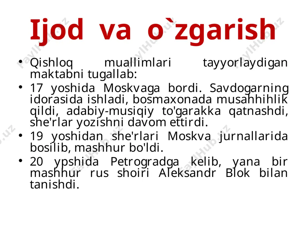 aroq, may o'rniga ham achchiq-achchiq choy tutar menga. quy, mezbonim, ammo had bilan, bog'ing aro turfa gullar bor. oqshom menga niqob ostidan ohu ko'zin suzdi gulruxsor… «bu dunyoda men bir yo'lovchi...» singlim shuraga bu dunyoda men bir yo'lovchi, shodon menga qo'l silki, erkam. xuddi shunday tinch, erkalovchi ziyo to'kar kuz fasli oy ham. isinurman oyning taftiga, ilk bor undan orom olar jon. allaqachon so'ngan sevgiga umid bog'lab yashayman hamon… sinov 1. sergey yeseninga nisbatan adabiyot ahli orasida yuradigan qaysi iborani qo’llash mumkin? 2. sergey yesenin qachon va qayerda tug’ilgan? 3. s. eseninning necha yoshda savodi chiqdi? 4. s. esenin necha yoshdan she’r yoza boshladi? 5. she’rlari moskva jurnallarida bosila boshlaganda s. esenin necha yoshda edi? 6. s. esenin 1918-1921-yillarda qayerlarda safarlarda bo’ldi? 7. 1922-1923-yillarda qayerlarda bo’ldi? 8. s. yesenin forsiy tildagi mumtoz she’riyat namunalari bilan tanishgandan keyin qaysi asarini yaratdi? 9. s. yesenin she’rlarini o’zbek tiliga kimlar o’girgan? 10. qaysi …