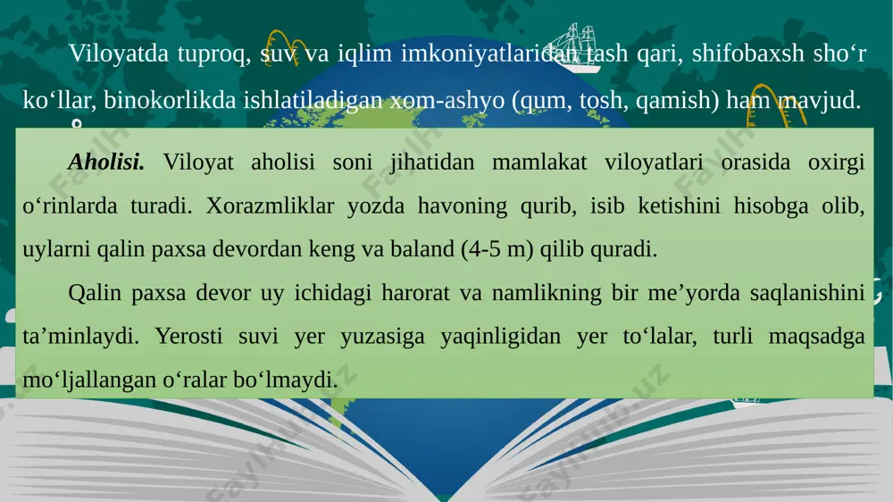 boy shahardir (130-rasm). by: fourora.com xiva badiiy hunarmandchilikning muhim marka­zidir. bu yerda yog‘och va toshlarga naqsh solish, zargarlik, naqqoshlik, kashtachilik, miskarlik va kulolchilikdagi ajoyib mahorat avloddan avlodga o‘tib kelmoqda. xiva mashhur o‘zbek matematigi, astronomi va geografi muhammad ibn muso al-xorazmiyning vatanidir by: fourora.com by: fourora.com image2.png image3.png image4.png image5.png image6.png image7.png image8.png image9.png image28.jpeg image21.png image22.png image23.png image24.png image25.png image26.png image27.png image16.png image17.png image18.png image19.png image12.png image20.png image29.emf image30.png image31.png image32.jpeg image33.png image34.png image35.png image36.png image37.png image38.png image39.png image40.png image41.png image42.jpeg image43.png image44.png image1.png
