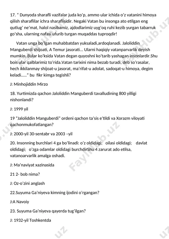 23. suyuma ga’niyeva qayerda tug’ilgan? j: 1932-yil toshkentda 24. suyuma ga’niyeva qancha kitob va ilmiy-nazariy maqolalar yozgan? j: 20 va 350 dan ortiq 25. suyuma ga’niyevaning ijodiy salohiyatiga bag’ishlangan film nomi? j:”yo’l” 26.akmal saidovning bobosining nevarasiga o’giti nima bo’lgan? j: “har bir behuda o’tgan vaqtning uvoli bor, uvol bo’lgan umrni ortga qaytarib bo’lmaydi” 27. akmal saidov qachon belgrad shahrida bo’lgan parlamentlararo ittifoqning 141- sesseyasida tashkilot ijroiya qo’mitasi a’zosi etib saylandi? j: 2019 17 oktabr 2020-2023 yillar oralig’ida akmal saidov qachon parlamentlararo ittifoq raisi o’rinbosari bo’ldi? j:2020 30- yanvar 28. akmal saidov qachon kot-d’lvuarda islom hamkorlik tashkilotining inson huquqlari bo’yicha o’zbekiston vakili va raisi etib saylangan? j: 2017 10-11 iyul va 1 yildan so’ng 29. “sen taqdiri azalni emas, avvalo o’zingni yengishga harakat qil. dunyoni tartibga solishga urinma.eng avval o’z istaklaringni boshqara bil.” j: rene dekart 30. maqsadni bosqichma bosqich belgilash yo’li: j: 1) maqsadni aniq bayon qilish 2) maqsadga erishish …