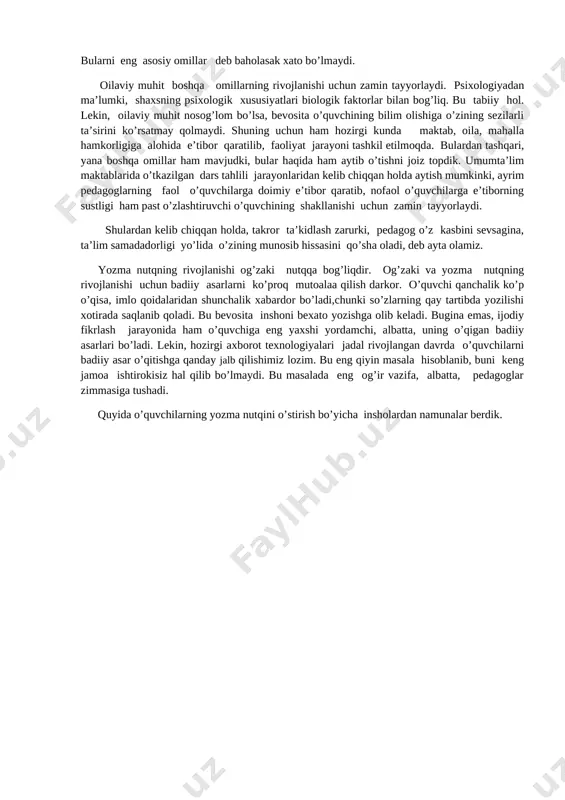 tirada saqlanib qoladi. bu bevosita inshoni bexato yozishga olib keladi. bugina emas, ijodiy fikrlash jarayonida ham o’quvchiga eng yaxshi yordamchi, albatta, uning o’qigan badiiy asarlari bo’ladi. lekin, hozirgi axborot texnologiyalari jadal rivojlangan davrda o’quvchilarni badiiy asar o’qitishga qanday jalb qilishimiz lozim. bu eng qiyin masala hisoblanib, buni keng jamoa ishtirokisiz hal qilib bo’lmaydi. bu masalada eng og’ir vazifa, albatta, pedagoglar zimmasiga tushadi. quyida o’quvchilarning yozma nutqini o’stirish bo’yicha insholardan namunalar berdik. erkin mavzudagi insho mavzu: biz- korrupsiyaga qarshimiz! reja: 1. men “ korrupsiya” atamasini qanday tushunaman? 2 .korrupsiya – inson va jamiyat hayotiga xavf soluvchi illat. 3. mamlakatimizda korrupsiyaga qarshi olib borilayotgan kurash. ertalab ostona hatlab o’qishga, ishga otlanganimizda onalarimiz-u momolarimiz qo’llarini duoga ochib: “iloyo o’qishlaring, ishlaring o’ngidan kelsin, doimo xonadonimizga, mahalla- ko’yimizga va yurtimizga tinchlik – omonlik bersin,” – deya yaratgandan yaxshi tilaklar tilaydilar. bunda nihoyatda hikmat ko’p. inson hayotda yashar ekan, yaxshi yashash uchun harakat qiladi.kimdir bu yo’da …