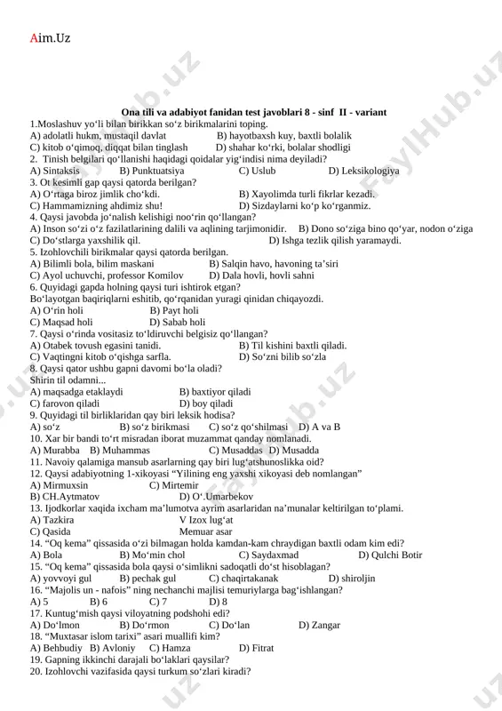 bilan birikkan so‘z birikmalarini toping. a) adolatli hukm, mustaqil davlat b) hayotbaxsh kuy, baxtli bolalik c) kitob o‘qimoq, diqqat bilan tinglash d) shahar ko‘rki, bolalar shodligi 2. tinish belgilari qo‘llanishi haqidagi qoidalar yig‘indisi nima deyiladi? a) sintaksis b) punktuatsiya c) uslub d) leksikologiya 3. ot kesimli gap qaysi qatorda berilgan? a) o‘rtaga biroz jimlik cho‘kdi. b) xayolimda turli fikrlar kezadi. c) hammamizning ahdimiz shu! d) sizdaylarni ko‘p ko‘rganmiz. 4. qaysi javobda jo‘nalish kelishigi noo‘rin qo‘llangan? a) inson so‘zi o‘z fazilatlarining dalili va aqlining tarjimonidir. b) dono so‘ziga bino qo‘yar, nodon o‘ziga c) do‘stlarga yaxshilik qil. d) ishga tezlik qilish yaramaydi. 5. izohlovchili birikmalar qaysi qatorda berilgan. a) bilimli bola, bilim maskani b) salqin havo, havoning ta’siri c) ayol uchuvchi, professor komilov d) dala hovli, hovli sahni 6. quyidagi gapda holning qaysi turi ishtirok etgan? bo‘layotgan baqiriqlarni eshitib, qo‘rqanidan yuragi qinidan chiqayozdi. a) o‘rin holi b) payt holi c) maqsad holi …