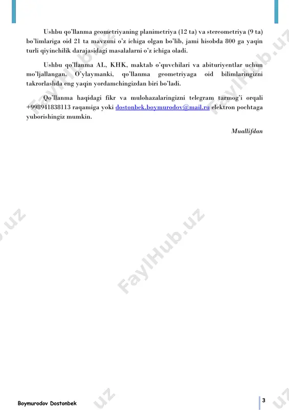 akning katetlari 8 va 15 ga teng. to’g’ri burchak uchidan uchburchakka ichki chizilgan aylana markazigacha bo’lgan masofani toping. javob: 3√2 1.1.18. gipotenuzasi ac=20 bo’lgan abc to’g’ri burchakli uchburchakda bm mediana o’tkazilgan. abm uchburchakka ichki chizilgan aylana bm medianaga p nuqtada urinadi. bp:pm=3:2 bo’lsa, bc katetni toping. javob: 16 1.1.19. abc uchburchakda ∠b = 90°, bm=10√3 – mediana. abm uchburchakka ichki chizilgan aylana ac gipotenuzaga t nuqtada urinadi. at:tc=1:3 bo’lsa, bc ni toping. javob: 30 1.2. umumiy uchburchaklar. sinuslar va kosinuslar teoremasi 1.2.1. tomonlari ab=8, dc=6, ac=4 uchburchakka aylana ichki chizilgan. d va e nuqtalar mos ravishda aylananing ab va ac tomonlarga urinish nuqtalari bo’lsa, de kesmaning uzunligini toping. javob: 3√10 4 1.2.2. uchburchakning bir burchagi uchidan chiquvchi balandlik va mediana shu burchakni teng uchta qismga ajratadi. agar haligi mediananing uzunligi 10 ga teng bo’lsa, uchburchak tomonlarini toping. javob: 20; 10; 10√3 boymurodov dostonbek 6 1.2.3. abc uchburchakda ab=24, ∠𝐵𝐴𝐶 = …