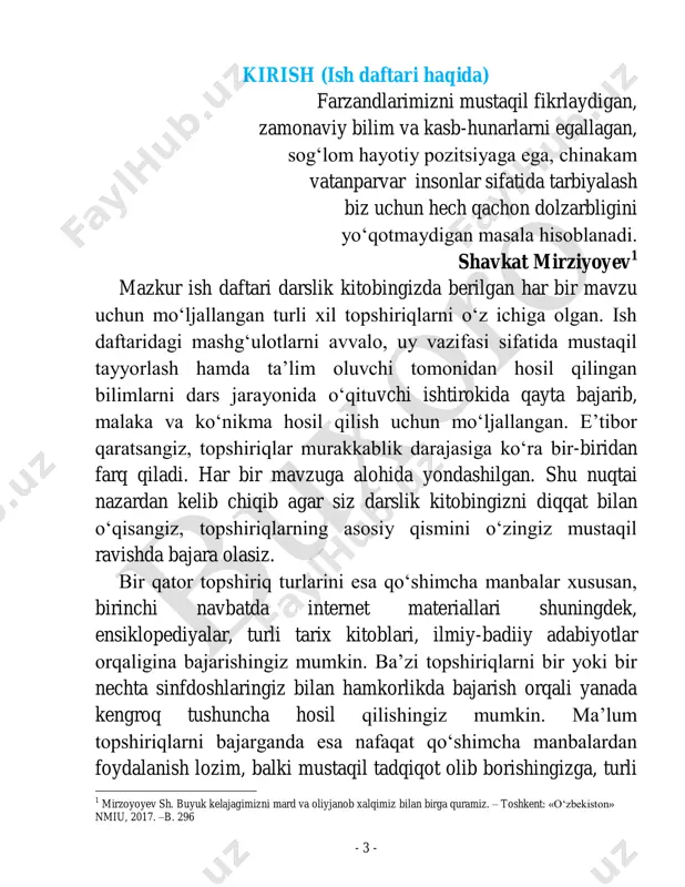 davrning boshlanishi dars shiori: «ilm o‘rganish har bir musulmon erkak va ayol uchun farzdir» (hadisdan) 1-topshiriq. 7-sinfda olgan bilimlaringizga tayanib quyidagi tezkor savollarga javob bering. (og‘zaki) savollar «o'ng qo'l qoidasi»ga rioya qilish; o'zaro hurmat, o'zgalar fikrini tinglay olish diqqat - e'tiborlilik, tezkorlik va topqirlik; vaqtga rioya qilish qoidani unutma ma'nodan uzoq ketma gapni cho'zma oz gapir keng ma'noli soz gapir buyuk karl haqida ma’lumot bering? vizantiyaning «oltin davri» kimning nomi bilan bog‘liq? xristianlik dinining tarqalishi nechanchi asrga to‘g‘ri keladi? salib yurishlari necha marotaba bo‘lgan? islom so‘zining ma’nosi? 1206-yilda bo‘lgan ikkita voqeani sanab bering? xalifalarni sanab bering? kiyev rusi hukmdorla rini sanab bering? “rus haqiqati”da qanday bandlar bor? afrikadagi qadimgi xalqlarni sanab bering? arab xalifaligi qaysi hududlarni o‘z ichiga oladi? amerikaning qadimgi xalqlarini sanab bering? - 6 - 2-topshiriq. «sxemali jadval»ni to‘ldiring. 3-topshiriq. rasmlar nima haqida ma’lumot bermoqda? 1-rasm _______________________________ _______________________________ _______________________________ _______________________________ _______________________________ _______________________________ _______________________________ _______________________________ yangi tarix insoniyat tarixining …