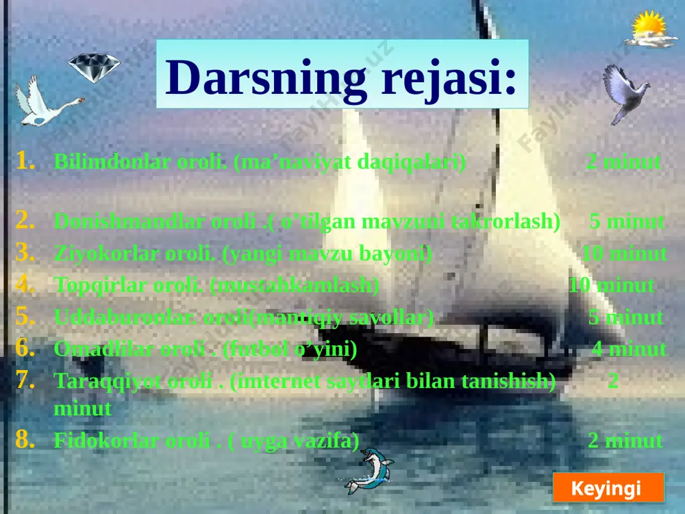 ol keyingi oldingi =±1,25 306-misol =±1 =± =±0,25 =±2 =±7,5 afrika osiyo yevropa antarktida avstraliya amerika keyingi oldingi donishmandlar oroli ziyokorlar oroli topqirlar oroli uddaburonlar oroli omadlilar oroli fidokorlar oroli taraqqiyot oroli bilimdonlar oroli oldingi 8 7 6 5 4 3 2 1 1) fermer otardagi qo’ylarni ko’zdan kechirib, cho’ponga dedi: “20 ta qo’yni 7 kunga toq sonda suyib bering”. xo’p bo’ladi dedi: cho’pon bu vazifasini qanday bajargan ekan? keyingi oldingi 2)bir yigit tasodifan bir savatcha tuxumni turtib, sindirib yubordi. u tuxumning egasiga savatdagi tuxumlar nechta deb so’raganda, u shunday javob berdi: tuxumlar sonini bilmayman. lekin ularni ikkitalab, uchtalab, to’rttalab, beshtalab, oltitalab savatga solganimda har doim bitta ortib qolardi. xo’sh, ayting-chi ayol bozorga eng kamida nechta tuxum olib kelgan? 3)shoh sayr qilib yurganda o’tlab yurgan otlar podasini ko’rdi va otboqardan so’raydi: otlaringiz nechta? agar otlarimga ularni yarmini, uchdan biri, to’rtdan biri, oltidan biri, sakkizdan biri, o’n ikkidan biri va sizning …