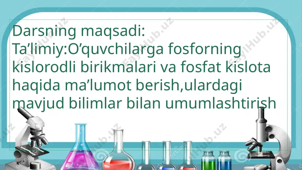 moniy gidrofosfat ;' digidrofosfatlar — kislotadagi bitta vodorod atomining o'rnini boshqa atom olgan, masalan, kh2po4 — kaliy digidrofosfat, nh4h2po4 — ammoniy digidrofosfat. ishqoriy metallarning va ammoniyning barcha fosfatlari suvda eriydi. fosfat kislotaning kalsiyli tuzlaridan suvda faqat kalsiy digidrofosfat ca(h₂po4)2 eriydi. kalsiy gidrofosfat cahpo4 va kalsiy fosfat ca3(po4)2 organlk kislotalarda eriydi. mineral o'g'itlar. tarkibida o'simliklar uchun zaruriy oziq deyiladi. ular yuqori va barqaror hosil olish maqsadida tuproq unumdorligini oshirish uchun tuproqqa qo'shiladi. o'g'itlar asosan: makro va mikro o'g'itlarga, oddiy, murakkab, aralash o'g'itlarga va azotli, fosforli, kaliyli o'g'itlarga bo'linadi. 1.fosfor atomi uchun normal xolatni qaysi elektron konfiguratsiyasi ifodalaydi? a) b) d) e) 2. elektron formulasi….. bilan tugalanadigan elementning eng yuqori oksidlanish darajali oksidi va gidroksidining formulasini aniqlang. a) b)eo va 3.davriy jadvaldagi va guruxchasidagi elemenetlarning turidagi oksidlarning asosli xossalari elementning tartib nomerining ortishi bilan: a)kuchayadi b)susayadi c)o’zgarmaydi d)avval susayadi, so’ngra kuchayadi e)avval kuchayadi,so’ngra susayadi 4.quyidagi birikmalarning qaysi birida fosforning oksidlanish darajasi -3 …