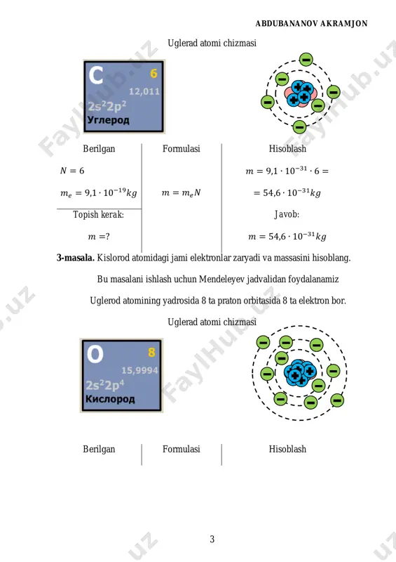 n 7 berilgan formulasi hisoblash 𝑞1 = 𝑞2 = −𝑞 𝑟 = 24 𝑠𝑚 𝑟 = 24 ∙ 10−2𝑚 𝐹 = 2,5 𝜇𝑁 𝐹 = 2,5 ∙ 10−6 𝑁 𝑒 = 1,6 ∙ 10−19𝐶 𝐹 = 𝑘 ∙ |𝑞1| ∙ |𝑞2| 𝑟2 𝐹 = 𝑘 ∙ 𝑞2 𝑟2 𝑞 = 𝑟√ 𝐹 𝑘 𝑁 = 𝑞 𝑒 𝑞 = 24 ∙ 10−2√ 2,5 ∙ 10−6 9 ∙ 109 = = 24 ∙ 10−2 ∙ 0,5 ∙ 10−7 3 = = 4 ∙ 10−9𝐶 𝑁 = 4 ∙ 10−9 1,6 ∙ 10−19 = 2,5 ∙ 1010 topish kerak: 𝑁 =? javob: 𝑁 = 25 ∙ 1019 𝑡𝑎 3-masala. uchta bir xil o’lchamli metall sharlarning biri +20 𝜇𝐶, ikkinchisi −8 𝜇𝐶, uchunchisi zaryadsiz. sharchalar bir-biriga tekkizilib, avvalgi vaziyatiga qaytarildi. uchunchi zaryad qanday zaryad oladi? berilgan formulasi va chizmasi 𝑞1 = +20 𝜇𝐶 = +20 ∙ 10−6𝐶 𝑞2 = −8 𝜇𝐶 = −8 …