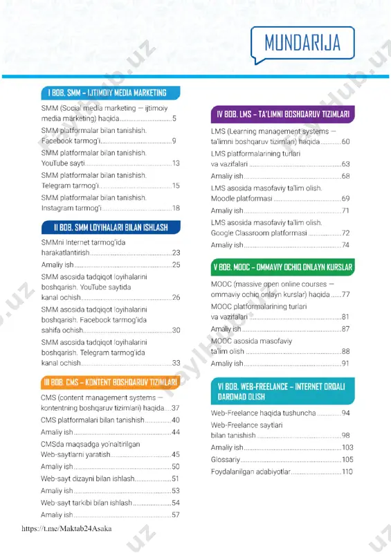 a m aso fav iy ta 'lim olish. m ood le p la tfo rm a s i...........................................69 a m a liy is h ..............................................................71 lms asosida m aso fav iy ta 'lim olish. g oogle c lassroom p la t fo rm a s i.................... 72 a m a liy is h ..............................................................74 v bob. mooc - ommaviy ochiq onlayn kurslar mooc (m assive open on line cou rses — o m m a v iy och iq onlayn kurslar) h a q id a ......77 mooc p la tfo rm a la rin in g tu rla ri va v a z ifa la r i.......................................................... 81 am aliy is h ...............................................................87 mooc asosida m aso fav iy ta 'lim o l is h .............................................................88 a m a liy is h ..............................................................91 w eb-f reelance haqida tu s h u n c h a ...............94 w eb-f reelance …