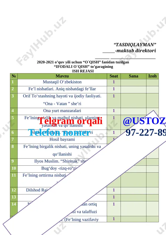 5 6 7 8 9 10 11 12 13 14 15 16 17 18 19 20 yo`riqnoma bilan tanishtiruvchi va to`garak mashg`uloti rahbari: _________ _____________ “______________________________________” to`garagi a`zolarining ro`yxati № o`quvchilarning familiyasi, ismi tug`ilgan yili sinfi yashah manzili 1 2 3 4 5 6 7 8 9 10 11 12 13 14 15 16 17 18 19 20 to`garak rahbari ______ _______________________________ to`garak jurnal № oy kun f.i.sh 1 2 3 4 5 6 7 8 9 10 11 12 13 14 15 16 17 18 19 20 № sana mavzu uyga vazifa 1 2 3 4 5 6 7 8 9 10 11 12 13 14 15 16 17 18 19 20 sana:___________20__yil mavzu: mustaqil o‘zbekist0n (fe’l nisbatlari. aniq nisbatdagi fe’llar) darsning maqsadi: ta`limiy: o’quvchilarga fe’l nisbatlari. aniq nisbatdagi fe’llar haqida tushincha berish tarbiyaviy: o`quvchilarni mustaqil ishlash, ijodiy izlanish orqali bilim olishga,xotirani mustahkamlashga, tez fikrlash, fikrini aniq ifodalashga o`rgatish,nutq …