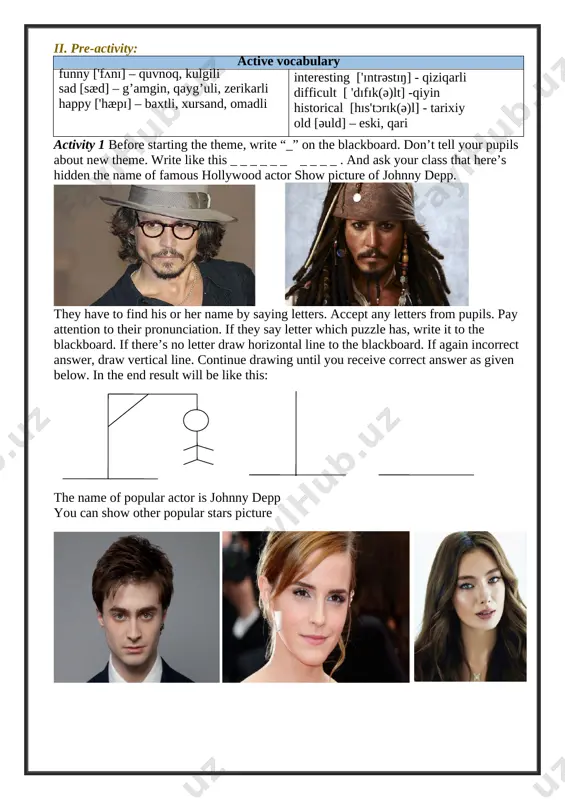 [image: ] activity 3 to write about three films you have seen. i have seen robin hood film. it is about brave robin and his friends who lives in the forest. they are legendary english men because they defend poor men and take care of them. they are always try to help people. they lived in the14th century. he took money from rich people and gave it to poor people activity 4 to practice pupil to write reviews of films which they have seen films ajal so'qmog'i' (deadly path) is one of the latest detective films in uzbekistan. it is about a common problem - drugs and the terrible results for families. there are good and bad characters in the film. the famous filmstar karim mirhodiev is the baddie, baslan. jasur is a goodie. if you like films which have a serious message, this is a film for you. 'robin …