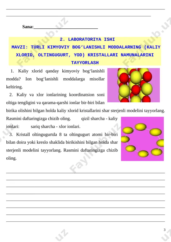 itmasidan 0,5 ml (3—4 tomchidan) quying. 4. sodir bo‘lgan o‘zgarishlarni kuzating. reaksiya tenglamalarini yozing. natijalarni jadvalga yozing. 5. probirkaga kraxmal kleysteridan 3—4 tomchi quying. uning ustiga yodning spirtdagi eritmasidan 1 tomchi tomizing. sodir bo‘lgan o‘zgarishni kuzating. 6. kartoshka va non bo‘laklariga yodning spirtdagi eritmasidan 1—2 tomchi tomizing. sodir bo‘lgan o‘zgarishlarni kuzating. kuzatish natijalariga asoslanib o‘z fikringizni bildiring. _______________________________________________________________________________________________________________________________________________________________________________________________________________________________________________________________________________________________________________________________________________________________________________________________________________________________________________________________________________________________________________________________________________________________________________________________________________________________________________________________________________________________________________________________________________________________________________________________________________________________________________________________________________________________________________________________________________________________________________________________________________________________________________________________________________________________________________________________________________________________________________________________________________________________________________________________________________________ sana :_________________ 4. laboratoriya ishi. mavzu: tuproq eritmasi tarkibida xloridlarning borligini aniqlash 1. maktab tajriba maydonidan olingan tuproq namunasini suvga solib, yaxshilab aralashtiring. hosil bo‘lgan loyqa "eritmani" filtrlang. 2. filtrdan o‘tgan eritmada xlor io