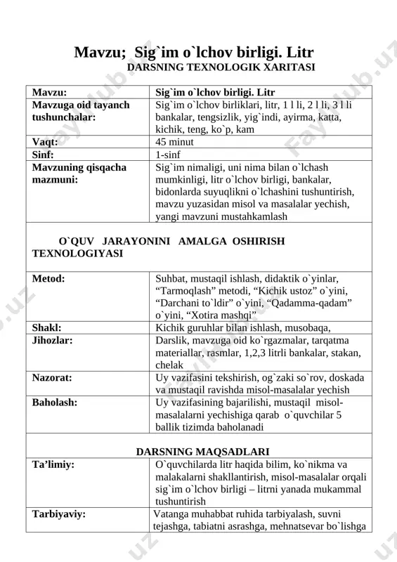 ish; so‘z va gaplarni bog‘lagan holda o‘z fikrini aniq va ravshan ifodalay olish; tk2 matematikaga oid multimedia ilovalarini ko`rib tushuna olish va mazmunini so`zlab berish fk1:sonlarni qo‘shish va ayirish jadvallaridan, arifmetik amallarning algoritmlaridan foydalangan holda 100 ichida sonlar ustida arifmetik amallarni yozma bajara oladi; nomli kattaliklar ( uzunlik, massa, sig`im)ni o`qiy oladi va yoza oladi. fk2: o‘rganilgan matematik tushunchalar, faktlar va algoritmlarni o‘quv va kundalik vaziyatlarda qo‘llay oladi va yangi bilimlar hosil qila oladi; darsning turi: yangi bilim beruvchi darsning jihozlanishi: a) 1-sinf «matematika» darsligi, tarqatma materiallar; b) bankalar, stakan, bidon, rangli rasmlar, jadvallar; darsning borishi: i. tashkiliy qism: (6 minut) o`quvchilar bilan salomlashiladi. o`qituvchi: assalom, o`quvchim mustaqil yurt bolasi, bilim olmasliginga yo`qdir bahonang. senga bag`ishlayman har bir sabog`im, har bir so`zim ma’nosin kerak bilmog`ing. o`qituvchi - hozir darsimiz qanaqa dars? hamma: matematika – fanlar ichra shoh, uning sirlaridan bo`lamiz ogoh. o`qituvchi: barakalla! hamma darsga tayyormi? hamma: sabog`ingiz puxta bilib …