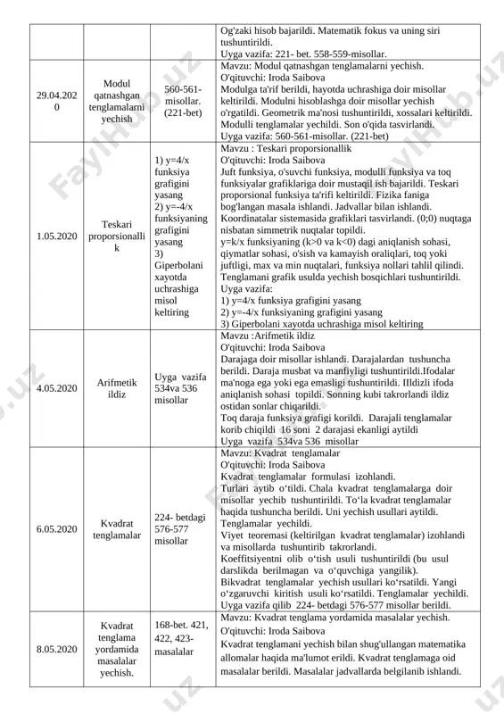 oshlandi.moda,mediana,chastotatalar jadvali, diagrammalar, chastotalar poligoni tushunchalari izohlab o’tildi.masalalar yechib ko’rsatildi.532-masala yechildi. ma’lumotlar asosida chastotalar jadvali tuzildi,uning modasi,medianasi, va ma’lumotlarni aks tnniruvchi chastotalar poligoni hosil qilindi.chastotalar poligoni kompyuterda ham bajarish mumkinligi ta’kidlab o’tildi. uyga vazifa: 217-bet 536,537,538-misollar 22.04.2020 amaliy-tadbiqiy va fanlararo bog’liq masalalar darslikdagi mavzuga oid misollarni ishlash mavzu: amaliy-tadbiqiy va fanlararo bog’liq masalalar o’qituvchi: iroda saibova fizika faniga bog’langan va temperatura bilan bog’liq masalalar ishlandi.matematik masalalar ishlandi.uyga vazifa : darslikdagi mavzuga oid misollarni ishlash 24.04.2020 bir noma’lumli tengsizliklar 222-bet 553,556,557 mavzu: bir noma’lumli tengsizliklar o'qituvchi: iroda saibova dars rejasi keltirildi.qat’iy va noqat’iy tengsizliklar tushuntirildi. sonli oraliqlarni son o’qida tasvirlash va qavslarda ifodalash tushuntirildi.tengsizliklarni yechish bosqichlari aytildi.,ishlanish usullari tushuntirildi.sofizmga ta’rif berildi.mavzuga doir misollar ishlandiuyga vazifa : 222-bet 553,556,557 27.04.2020 tengsizliklar sistemasini yechish 221- bet. 558-559-misollar mavzu: tengsizliklar sistemasini yechish. o'qituvchi: iroda saibova howard ruffdan iqtibos keltirildi. dars rejasi bilan tanishtirildi. uyga vazifa tekshirildi. sonli oraliqlarning geometrik modeli yasaldi. geometrik modelga mos …