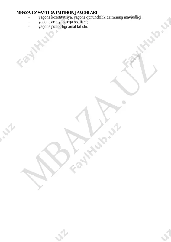 chi va sud hokimiyati federal davlat idoralariga tegishli bo‗ladi; - federatsiyaning umumiy konstitutsiyasi uning sub‘ektlari va federatsiyaning o‗zi urtasidagi huquqiy munosabatlarni belgilaydi. qonun chiqaruvchi organlar konstitutsiyasi sud organlari ijro etuvchi organlar umumiy xudud oliy qonun chiqaruvchi organ vazirlar mahkamasi oliy sud federatsiya konstitutsiyasi ikki palatali parlament - federatsiya sub‘ektlarining har biri aloxida o‗z konstitutsiyasi o‗zlarining oliy qonun chiqaruvchi, ijro etuvchi va sud hokimiyati organlariga ega bo‗ladi; - federatsiya oliy qonun chiqaruvchi idorasi odatda ikki palatali bo‗ladi. bunda yukori palata federatsiya a‘zolarining manfaatlarini ifoda etadi. hozirda jaxonda yigirmatadan kuprok federativ davlatlar mavjud. federatsiya va uning sub‘ektlari urtasidagi munosabatlar har doim ham ijobiy bulavermaydi. buni tarkalib ketgan sovet ittifoki, chexoslavakiya, yugoslaviya kabi federatsiyalar misolida kurishimiz mumkin. konfederatsiya (lotincha – ittifok, uyushma) – suverentiteti va mustakilligini saklab kolgan holda biror-bir maksadga erishish uchun birlashgan davlatlar ittifoki. davlatlar u yoki bu maksadni ko‗zlab, o‗z suverentiteti va mustakilligini saklagan holda birlashishlari ham mumkin. u holda …