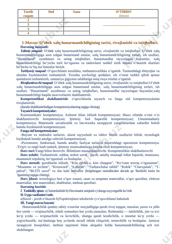 b rivoj topgan, masalan, paxta va rilla bor yerda — to'qimachilik, sifatli xomashyo bor ycrda (masalan, rishtonda) — tulolchilik, jim va tcri ko‘p ycrda — to'qimachilik va ko'nchilik, shunga qarab kosibchilik, o nnonlar ko‘p ycrda — yog'ochsozlik, ma’danlarga boy ycrlarda mctall ishlab chiqarish, temirchilik va boshqalar. jamiyat taraqqiyoti bosqichlari, mehnat taqsimoti bilan aloqador holda hunarmandchilikning uch turi shakllangan: 1) uy hunarmandchihgi; 2.)buyurtma asosida mahsulot tayyorlaydigan hunarmandchilik; 2) bozor uchun mahsulot tayyorlaydigan hunarmandchilit. uy hunarmandchihgi o'rta asrlarda hunarmandchilikning eng keng tarqalgan turi bo'ldi. hunarmandchilik-bu sodda va oddiy mehnat qurollari yordamida xom ashyodan turli maxsulotlar ishlab chiqarish kasbidir. tariximizdan ma'iumki, yirik sanoat ishlab chiqarishi vujudga kelgunga qadar keng tarqalgan, ayrim soxalari hozirda ham saqlangan bo'lib, u davr o'tishi bilan takomillasha borib, turli ixtisoslikiarga ajralib kelgan. masalan, kulollik, duradgorlik, temirchilik, miskarlik, binokorlik, toshtaroshlik, o'ymakorlik, kashtado'zlik, ko'nchilik, zargarlik, degrezllik, zardo'zlik, buyoqchilik, kemasozlik, tunukasozlik va o'nlab boshqalami ko'rsatishjmiz mumkin. allqatta xalqimizning buyuk tarixida, butun ja-hon …
