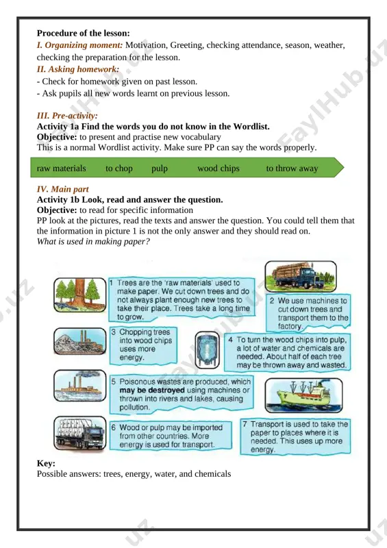 and much less water than is needed to make paper from trees. pupil 2: oh, that’s interesting - so, making recycled paper uses fewer resources than making new paper. but, mr green, we've heard that a lot of chemicals are used in the factory.... chemicals are very dangerous for people .... and animals... mr green: hmm ... yes. but i want to point out two good facts: number 1 - as you say, if paper is recycled there is less waste and more trees are saved and number 2 - we use less harmful chemicals - for example, we don’t use bleach in our paper so the paper is not white. pupil 3: can children do something ... to save trees? mr green: oh, yes! have you ever collected paper for recycling? pupils: yes, but... mr green: ‘but?’ ... pupil 3: you s e e ,... we collected paper when …