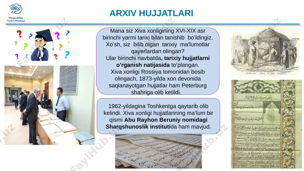 isning “firdavs ul-iqbol” asari shu davr haqida 1603-yil abulg’oziyxon tavallud topdi. 1620-1622-yillar rossiyadan xoxolov elchi bo’lib keldi. 1664-yil abulg’oziyxon vafot etdi. 1725-yil rossiyadan florio benevini elchi bo’lib keldi. 1819-yil muravyov elchi bo’lib keldi. 1831-1832-yillar xudoyberdi avaz muhammad “dil g’aroyib” asarini yozdi. 1842-yil danilevskiy va baziner elchi bo’lib keldi. 1858-yil ignatyev elchi bo’lib keldi. 1873-yil xiva xoni arxiv hujjatlari peterburgga olib ketildi. 1962-yil xiva arxiv hujjatlari toshkentga qaytarib olib kelindi. 1976-yil mo’minov “xorazmning qadimgi davridan hozirgi kungacha bo’lgan tarixi” asari yozildi. 1997-yil “xiva ming gumbaz shahri” nomli asar chop etildi. 1512-1663-yillar “shajarai turk” asarining ix bobi shu davr haqida . 1572-1825-yillar 1603-yil 1620-1622-yillar 1664-yil 1725-yil 1819-yil 1831-1832-yillar 1842-yil 1858-yil 1873-yil 1962-yil 1976-yil 1997-yil “xiva ming gumbaz shahri” nomli asar chop etildi. mavzuni mustahkamlash ushbu sur’atdagi shaxslar yozgan asarlarni toping “jenkinsonning rossiyadagi moskov shahridan baqtriyadagi buxoro shahriga sayohati” shajarai turk firdavs ul-iqbol “xiva va xonlikning boshqa shaharlari hamda qishloqlari, savdo sotig’i va …
