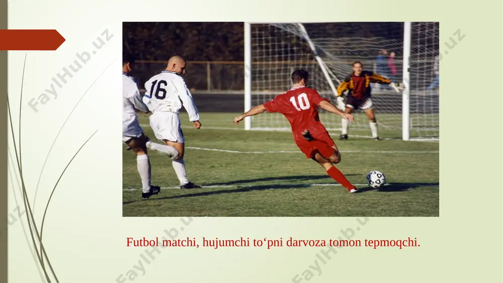 moa shunday makomga erishish uchun mamlakat birinchiligida qatnashyapti. futbol maydoni o’zbekiston iftihorlari krasnitskiy gennadiyo‘zbekistonning ko‘zga ko‘ringan hujumchisi, “paxtakor” jamoasining ishonchli o‘yinchisi... abdullaev sadriddinfutbolchi. malayziyaning “t tim” klubi yarim himoyachisi... ahmedov odil oʻzbekistonlik futbolchi ampluasi yarimhimoyachi, asosan markaziy va tayanch yarimhimoyachisi... o'zbekiston futbol federatsiyasi prezident: ahmadjanov umid mahamadjonovich bosh kotib: rahmatullaev sardor hamidullaevich vitse-prezident: rahmatullaev sardor hamidullaevich tashkil topgan yili: 1992 yil foydalanilgan adabiyotlar 1. e. xolmirzayev «sport o'yinlari va o’qitish metodikasi» toshkent-2011. dizayn- press nashriyoti. 2. ziyonet internet portali. image1.jpeg image2.jpeg image3.jpeg image4.jpeg image5.jpeg image6.jpeg image7.jpeg