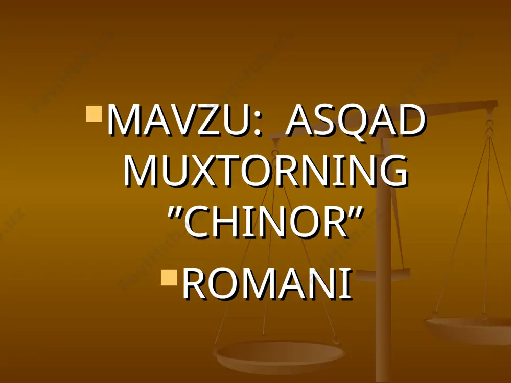 zuvchi shoirlarning asarlarini o’zbek tiliga tarjima qilgan ? a.pushkin , a. blok ,tagor, gorkiy , lermontov 9. a.muxtorning badiiy – falsafiy ruhdagi asari nima deb nomlanadi ? ‘’uyqu qochganda ‘’ [tundaliklar] 5. a. muxtorning sheriy to’plamlarini aytib bering. 10. a muxtor qachon va qayerda vafot etgan ? 1966-yil 17-aprel toshkent shart yakunlangach , musobaqani nihoyasiga yetganini aytib ,g’olib guruhni aniqlaydi iii yangi mavzuning bayoni o’qituvchi a muxtorning ‘’chinor ‘’romani haqida ma’lumot berib , darslikda berilgan parchani mazmunini so’zlab beradi iv yangi mavzuni mustahkamlash.. berilgan parchani o’quvchilar bilan birga o’qiymiz. v o’quvchilsrni baholash. darsda faol qatnashgan o’quvchilar baholanadi. vi uyga vazifa . 1. mavzuni o’qib kelish. 2. “chinorning mo’rt bargi” mavzusida insho yozib kelish.