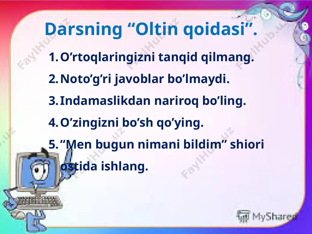 . shariat qonunlarini amalga tadbiq etish maqsadida raislik (muhtasib) mansabini joriy qildi. . buxoro ordeni (amir shohmurod davrida) buxoro amirligining turli davrlarida ordenlar mustahkamlash “raqamlar tilga kirganda”. “test savolga – tez javob”. raqamlar tilga kirganda 1736-yil 1740 yil 10000 nafar 1743 yil 1747 yil 1756-1920 yil 1758-1785 yil 1785-1800 yil 1743 yil abulfayzxon o’ldirilgan yil… ? 1747 yil 1756 yil 1740 yil muhammad rahimbiy amiri ma’sum deb ulug’langan hukmdor ? doniyolbiy otaliq amir shohmurod abulfayzxon otaliq,rais amir shohmurod davrida qaysi mansablarning nufuzi oshdi? rais,qozi askar biy,naqib qo’shbegi,miroxur 2 yil muhammad rahimbiy mustaqillikka da’vo etib yurgan viloyatlarni necha yil davomida bo’ysundirdi 4 yil 5 yil 10 yil hisor doniyolbiy davrida qaysi viloyatlarning mustaqillikka intilishi kuchaydi? balx ko’lob o’ratepa barcha javoblar to’g’ri uyga vazifa.home work. 14-§ ni o’qish, savollarga javob yozish. e’tiboringiz uchun rahmat!!! sog’ bo’linglar! good bye! image2.jpeg image3.jpeg image4.jpeg image5.jpeg image6.gif image7.gif image8.gif image9.gif image10.jpeg image11.jpeg image12.jpeg image13.png image14.png image15.png …