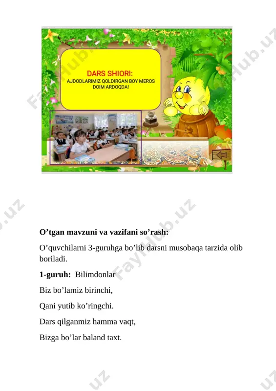 irila dam olish daqiqasi o’tkaziladi ( baliqlarday suzamiz , ayiq kabi yuramiz . biz bilag’on bolalar doim besh olamiz . ) mustahkamlash o’qituvchi darsni mustahkamlash uchun “qarorlar shajarasi” metodidan foydalanadi. bunda o’quvchilar rivoyatdan olgan o’z fikrlarini aytadilar va qaror qabul qilinadi. “qarorlar shajarasi” metodi ( mardlik ) ( vatanni asramoq ) ( o’z vatanini sotmaslik ) ( o’z xalqiga sodiqlik ) ( vatan bayrog’ini ko’klarga ko’tarish ) ( jasur inson bo’lish ) ( qaror vatanparvarlik ) yakuniy qism darsda faol ishtirok etgan o’quvchilar rag’batlantiriladi va g’olib kamanda e’lon qilinadi. ( harakat qiling ) ( yaxshi ) ( a’lo ) uyga vazifa: o’qib o’rganib kelish . vatanparvarlikka oid maqollar yod olish. image1.jpeg image2.png image3.jpeg