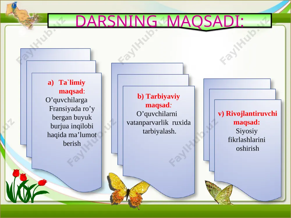 at tepasida. absolutizmning qulashi bilan hokimiyat yirik burjuaziya qo‘liga o’tdi, ammo mamlakatda tinchlik o’rnatilmadi. butun mamlakatni inqilob va dehqonlar qo‘zg‘olonlari qamrab oldi. ta’sis majlisi ≪inson va fuqaro huquqlari deklaratsiyasi≫ni qabul qildi, u so‘z va matbuot erkinliklari hamda xususiy mulkning daxlsizligi kabi burjua huquqlarini e ’lon qildi. 1791 -yil sentabrda ta’sis majlisi fransiya tarixida ilk konstitutsiyani qabul qildi. unda qirol hokimiyati clieklandi. shu tariqa fransiyada yirik burjuaziyaning hokimiyati o‘rnatildi va inqilobning birinchi bosqiclii yakunlandi. inqilob jarayonida fransuz jamiyati turli siyosiy oqimlarga bo‘linib ketdi. royalistlar - (royal - qirol) ta ’sis majlisi deputatlaridan qirol tarafdorlari bo'lganlar o'nglar jirondachilar - so‘l deputatlarning ko‘pchiligi jironda viloyatidan saylanganligi tufayli yakobinchilar - (ular avliyo yakob monastirining kutubxonasida y.g hgnnliri nclum shunday atalgan) ayni paytda inqilob hali oxiriga yetgani yo‘q, o ‘rta va kichik burjuaziya hokimyatga kelmadi, dehqonlarga yer berilmadi, deb hisoblovchilar qirolning taxtdan ag‘darilishi va respublikaning e ’lon qilinishi. 1791-yili yangi qonun chiqaruvchi majlis o‘z ishini …