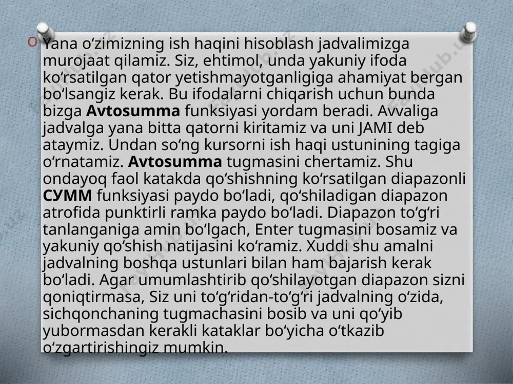 ok tugmasini bosamiz. ekranga ikkinchi darcha chiqariladi. 1-raqam maydonining o‘ng qismida ishora tugmasi joylashgan. agar u sichqoncha bilan chertilsa, unda biz jadvalimizning ish varag‘iga tushamiz. xuddi shu sichqoncha bilan bevosita jadvalning o‘zidan biz kerakli ustundan o‘rtacha ifodalarni hisoblab chiqarish (hisoblash) uchun zarur yacheykalarni ajratamiz. endi formulalar qatoriga e’tibor bering, u yerda qaytaruvchi ishorali qator ko‘rsatilgan. ushbu tugmani chertish zarur va usta bizni ikkinchi darchaga qaytaradi. bu yerda oxirgi harakatni bajarish – ok tugmasini chertish kerak va funksiya tayyor holatga keladi. shunga ahamiyat beringki, argumentlarni berish bitta maydonning o‘zi bilan chegaralanmaydi. siz ikkinchi, uchinchi va hokazo diapazonlarni beraverishingiz mumkin. xuddi shu amalni ularning o‘rtacha ifodasini hisoblab chiqarish uchun jadvalning boshqa ustunlari bilan ham qilib ko‘ring. qachon bu tayyor bo‘lsa, bugun funksiyasini mustaqil ravishda tahlil qilib chiqishga va uni jadvalning sarlavhasi oldiga kiritishga urinib ko‘ring. bu funksiyaning jadval katagiga joriy sananing ifodasini qaytarishi sababli u argumentlar berilishini talab qilmasligiga e’tiboringizni qaratishni istardik. …
