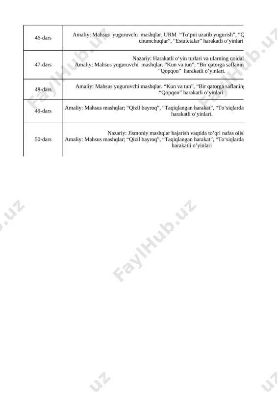 ng qoidalari. amaliy: mahsus yuguruvchi mashqlar. “kun va tun”, “bir qatorga saflaning!”, “halqachani kiygizish”, “qopqon” harakatli o’yinlari. 1 48-dars amaliy: mahsus yuguruvchi mashqlar. “kun va tun”, “bir qatorga saflaning!”, “halqachani kiygizish”, “qopqon” harakatli o’yinlari. 1 49-dars amaliy: mahsus mashqlar; “qizil bayroq”, “taqiqlangan harakat”, “to‘siqlardan oshib o‘tish”, “xo‘rozlar jangi” harakatli o’yinlari. 1 50-dars nazariy: jismoniy mashqlar bajarish vaqtida to’qri nafas olish va chiqarish. amaliy: mahsus mashqlar; “qizil bayroq”, “taqiqlangan harakat”, “to‘siqlardan oshib o‘tish”, “xo‘rozlar jangi” harakatli o’yinlari 1