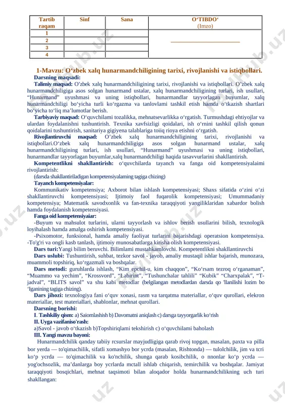 b rivoj topgan, masalan, paxta va rilla bor yerda — to'qimachilik, sifatli xomashyo bor ycrda (masalan, rishtonda) — tulolchilik, jim va tcri ko‘p ycrda — to'qimachilik va ko'nchilik, shunga qarab kosibchilik, o nnonlar ko‘p ycrda — yog'ochsozlik, ma’danlarga boy ycrlarda mctall ishlab chiqarish, temirchilik va boshqalar. jamiyat taraqqiyoti bosqichlari, mehnat taqsimoti bilan aloqador holda hunarmandchilikning uch turi shakllangan: 1) uy hunarmandchihgi; 2.)buyurtma asosida mahsulot tayyorlaydigan hunarmandchilik; 2) bozor uchun mahsulot tayyorlaydigan hunarmandchilit. uy hunarmandchihgi o'rta asrlarda hunarmandchilikning eng keng tarqalgan turi bo'ldi. hunarmandchilik-bu sodda va oddiy mehnat qurollari yordamida xom ashyodan turli maxsulotlar ishlab chiqarish kasbidir. tariximizdan ma'iumki, yirik sanoat ishlab chiqarishi vujudga kelgunga qadar keng tarqalgan, ayrim soxalari hozirda ham saqlangan bo'lib, u davr o'tishi bilan takomillasha borib, turli ixtisoslikiarga ajralib kelgan. masalan, kulollik, duradgorlik, temirchilik, miskarlik, binokorlik, toshtaroshlik, o'ymakorlik, kashtado'zlik, ko'nchilik, zargarlik, degrezllik, zardo'zlik, buyoqchilik, kemasozlik, tunukasozlik va o'nlab boshqalami ko'rsatishjmiz mumkin. allqatta xalqimizning buyuk tarixida, butun ja-hon …