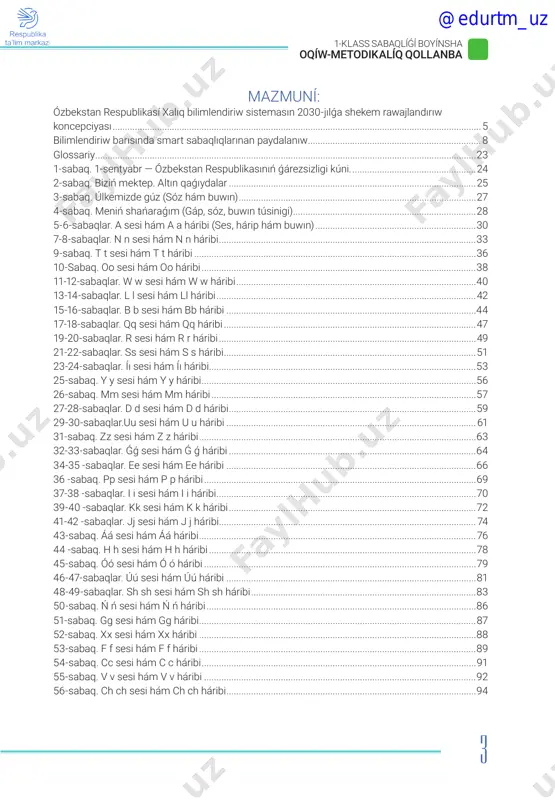 ......................................................................................44 17-18-sabaqlar. qq sesi hám qq háribi.......................................................................................................47 19-20-sabaqlar. r sesi hám r r háribi.........................................................................................................49 21-22-sabaqlar. ss sesi hám s s háribi.......................................................................................................51 23-24-sabaqlar. íı sesi hám íı háribi.............................................................................................................53 25-sabaq. y y sesi hám y y háribi................................................................................................................56 26-sabaq. mm sesi hám mm háribi............................................................................................................57 27-28-sabaqlar. d d sesi hám d d háribi.....................................................................................................59 29-30-sabaqlar.uu sesi hám u u háribi...................................................................................................... 61 31-sabaq. zz sesi hám z z háribi.................................................................................................................63 32-33-sabaqlar. ǵǵ sesi hám ǵ ǵ háribi.....................................................................................................64 34-35 -sabaqlar. ee sesi hám ee háribi......................................................................................................66 36 -sabaq. pp sesi hám p p háribi...............................................................................................................69 37-38 -sabaqlar. i i sesi hám i i háribi..........................................................................................................70 39-40 -sabaqlar. kk s