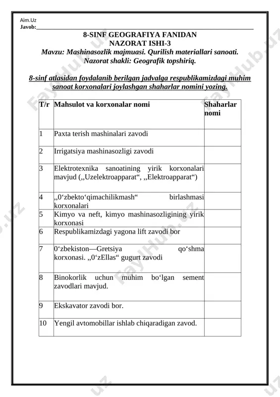 sosiy markazlar respublikamizning qaysi shaharlarida joylashgan? javob:_____________________________________________________________________________ 20. yalpi sanoat mahsuloti hajmida rangli metallurgiyaning salmog‘i necha foizni tashkil etadi? javob:_____________________________________________________________________________ 8-sinf geografiya fanidan nazorat ishi-3 mavzu: mashinasozlik majmuasi. qurilish materiallari sanoati. nazorat shakli: geografik topshiriq. 8-sinf atlasidan foydalanib berilgan jadvalga respublikamizdagi muhim sanoat korxonalari joylashgan shaharlar nomini yozing. t/r mahsulot va korxonalar nomi shaharlar nomi 1 paxta terish mashinalari zavodi 2 irrigatsiya mashinasozligi zavodi 3 elektrotexnika sanoatining yirik korxonalari mavjud (,,uzelektroapparat“, ,,elektroapparat“) 4 ,,0‘zbekto‘qimachilikmash“ birlashmasi korxonalari 5 kimyo va neft, kimyo mashinasozligining yirik korxonasi 6 respublikamizdagi yagona lift zavodi bor 7 0‘zbekiston—gretsiya qo‘shma korxonasi. ,,0‘zellas“ gugurt zavodi 8 binokorlik uchun muhim bo‘lgan sement zavodlari mavjud. 9 ekskavator zavodi bor. 10 yengil avtomobillar ishlab chiqaradigan zavod. 8-sinf geografiya fanidan nazorat ishi-4 mavzu: agrosanoat majmuasi. yengil sanoat. nazorat shakli: test topshiriqlari. 1.respublikamizda ishchi kuchlarining necha foizi qishloq xo‘jaligida band? a)12,8 %i; b) 26,6 %i; c) 33,5 %i; d) 27,9 %i. 2.intensiv qishloq …