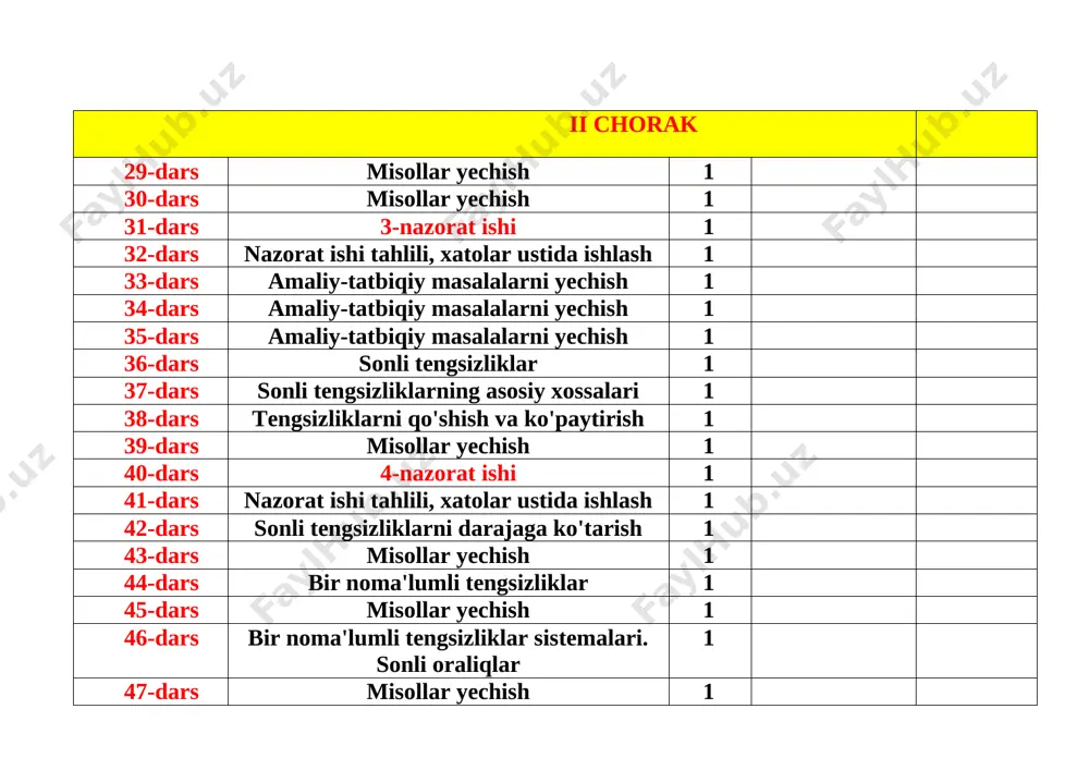 shlash 1 94-dars amaliy-tatbiqiy masalalarni yechish 1 95-dars 8-sinf algebra kursini takrorlashga doir mashqlar 1 96-dars misollar yechish 1 97-dars misollar yechish 1 98-dars amaliy-tatbiqiy masalalarni yechish 1 99-dars amaliy-tatbiqiy masalalarni yechish 1 100-dars 10-nazorat ishi 1 101-dars nazorat ishi tahlili, xatolar ustida ishlash 1 102-dars yakunlovchi dars 1 [bookmark: bookmark0] geometriya [bookmark: bookmark1] (haftasiga 2 soatdan jami 68 soat) [bookmark: bookmark2] viii-sinf darslar tartibi mavzu nomi soat kalendar vaqti o`tish vaqti i-chorak 1-dars 7-sinfda o'tilganlarni takrorlash 1 2-dars 7-sinfda o'tilganlarni takrorlash 1 3-dars ko'pburchak ichki va tashqi burchaklarining xossasi 1 4-dars parallelogramm va uning xossalari 1 5-dars parallelogrammning alomatlari 1 6-dars to'g'ri to'rtburchak va uning xossalari 1 7-dars romb va kvadratning xossalari 1 8-dars 1-nazorat ishi 1 9-dars trapetsiya va uning xossalari 1 10-dars fales teoremasi 1 11-dars uchburchak o'rta chizig'ining xossasi. trapetsiya o'rta chizig'ining xossasi 1 12-dars loyiha ishi bo'yicha mashg'ulot 1 13-dars amaliy-tatbiqiy masalalarni yechish 1 14-dars …