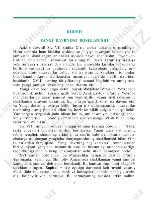 armoya. bu sarmoyaning asosida erkin tadbir- htt p:/ /ed up ort al. uz 4 korlik faoliyati yotadi. shu sababli kapitalistik jamiyatda xususiy mulk va yollanma mehnatdan foydalanuvchilarga keng imkoniyatlar yara- tildi. natijada, iqtisodiy hayot gurkirab o‘sdi, sanoat ishlab chiqarishi va savdo rivojlandi, kapitalistik munosabatlar vujudga keldi. ishlab chiqarishning yangi shakllari paydo bo‘ldi, mehnat qurollari takomil- lashdi, sexlar o‘rnini manufakturalar egallay boshladi. yevropalik- larning hayotida ko‘plab yangiliklar, ishchanlik, intiluvchanlik kabi yangi belgilar paydo bo‘ldi, ularning bir qismi sharqdan kirib keldi. bundan tashqari, yangi davr rivojlangan shahar madaniyati, antik davr tarixiga bo‘lgan katta qiziqish, uni ideallashtirish, badiiy san’at- ning tez hayotiylashuvi kabilar bilan ham xarakterlanadi. aslida, ko‘p- chilik hollarda fojiali oqibatlarni keltirib chiqargan urushlar, qo‘z- g‘olonlar va inqiloblar emas, kishilarning yaratuvchanlik faoliyati, doimiy izlanish va intilish ma’naviyat va madaniyatda, ijtimoiy hayot- da va iqtisodiy o‘sishda katta ijobiy o‘zgarishlarga olib keldi. shu o‘zgarishlar natijasida g‘arbiy yevropaning ilg‘or mamlakatlarida ka- pitalistik jamiyat zamirida sanoat …