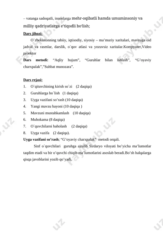 buxoro viloyatidan, elektr quvvati esa sirdaryo viloyatidan keltiriladi. qishloq xo‘jaligi. viloyat hududida qishlo xo‘jaligi ekinlari ekiladigan 1,2 mln gektar yer bor. buning 1/3 qismidan dehqonchilikda foydalanilmoqda. viloyatda paxta bilan birga g‘allakorlik ham katta salmoqqa ega. jizzaxda qorabayir zotli ot yetishtiradigan maxsus xo‘jalik bor . jizzax temiryo‘l, avtomobil yo‘llari bilan yaxshi ta’minlangan. ishlab chiqarish xususiyatlariga muvofiq avtomobil yo‘llari qurilishiga alohida ahamiyat berilmoqda. shaharlari. jizzax shahri viloyatning ma’muriy markazidir. u dengiz sathidan 450 m balandda, sangzor daryosi bo‘yida qad ko‘targan. toshkent- samarqand temiryo‘li va katta o‘zbek trakti shahar yaqinidan o‘tadi. jizzaxda xx asr boshida tegirmon, juvozkashlik, temirchilik va kulolchilik korxonalari bo‘lgan. endilikda shaharda oziq-ovqat, yengil hamda kimyo va mashinasozlik sanoati korxonalari mavjud. jizzax - obod, ko‘kalamzor shahar. jizzax davlat pedagogika instituti, jizzax politexnika instituti, bir qancha akademik litsey va kasb-hunar kollejlari, ko‘plab maktablar faoliyat yuritmoqda.[image: ] mavzuni mustahkamlash 1 – shart. uchunchisi ortiqcha t/r tumanlari ortiqchasini yozadi 1. zomin,narpay,do’stlik 2. forish,jizzax,bandixon 3. …