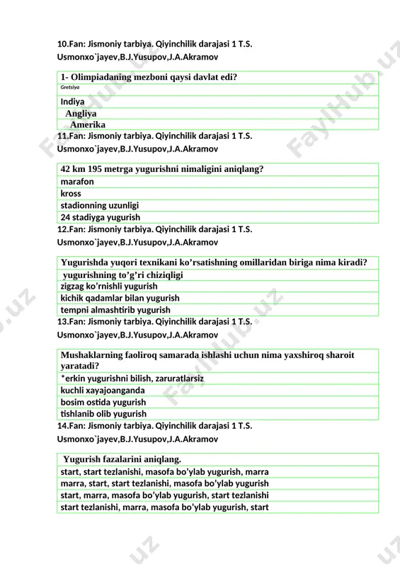 uloqtirishda yurishda yugurishda sakrashda 18.fan: jismoniy tarbiya. qiyinchilik darajasi 1 t.s. usmonxo`jayev,b.j.yusupov,j.a.akramov uloqtirishda snaryadni uzoqroq uchishi nimaga bog’liq bo’ladi? snaryadni uchish burchagi va so’nggi kuchlanishga sportchining dastlabki xolatiga urinishlar soniga snaryadaning vazniga 19.fan: jismoniy tarbiya. qiyinchilik darajasi 1 t.s. usmonxo`jayev,b.j.yusupov,j.a.akramov estafet tayoqchasining og’irligi qanchaga teng? 50g dan kam emas 30g 10g 25g 20.fan:jismoniy tarbiya. qiyinchilik darajasi 1 t.s. usmonxo`jayev,b.j.yusupov,j.a.akramov . estafeta tayoqchasini berish us ullari qanday bo’ladi? *«yuqoridan», «pastdan to’g’ridan yon tomondan qulayligiga qarab 21.fan: jismoniy tarbiya. qiyinchilik darajasi 1 t.s. usmonxo`jayev,b.j.yusupov,j.a.akramov estafeta tayoqchasini uzunligi qanchaga teng? 30sm 20sm 15 sm 10 sm 22.fan: jismoniy tarbiya. qiyinchilik darajasi 1 t.s. usmonxo`jayev,b.j.yusupov,j.a.akramov trenirovkaning nechta printsipi bor? 5 2 7 4 23.fan: jismoniy tarbiya. qiyinchilik darajasi 1 t.s. usmonxo`jayev,b.j.yusupov,j.a.akramov 200 metrga yugurishni 100 metrga yugurishdan farqini nimada? masofaning birinchi yarmi burilish utishi bilan birxiltexnikada hech qanday farqi yo’q yuqori startdan boshlanishi bilan 24.fan: jismoniy tarbiya. qiyinchilik darajasi 1 t.s. usmonxo`jayev,b.j.yusupov,j.a.akramov 110 metrga …