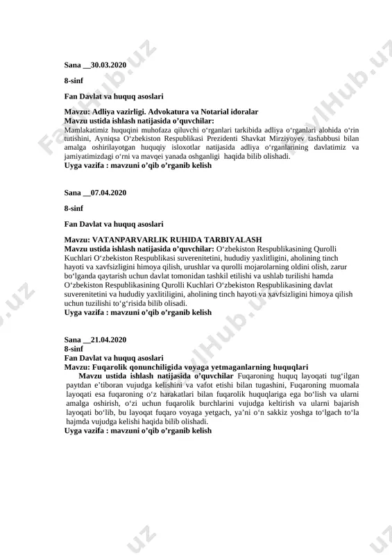 dim lar bilan teng huquqda bo‘lishlarini, mehnatni muhofaza qilish, ish vaqti, ta’tillar va boshqa mehnat shartlari sohasida ular uchun mehnat to‘g‘risidagi qonunlar va boshqa normativ hujjatlarda belgilangan qo‘shimcha imtiyozlardan foydalanish keraklogi haqida bilib olishadi uyga vazifa : mavzuni o’qib o’rganib kelish sana __19.05.2020 8-sinf fan davlat va huquq asoslari mavzu:nazorat ishi test 1. 14 yoshga to‘lgan voyaga yetmaganlar quyidagi qaysi jinoyatlar- ning subyekti bo‘lishi mumkin? 1. o‘z xizmat vazifasini suiiste’mol qilish; 2. odam o‘g‘irlash; 3. buyruq yoki boshqa farmoyishni bajarish; 4. ozodlikdan mahrum qilish joylaridan qochish; 5. transpot vositasini olib qochish. a) 1, 2, 3, 4, 5; b) 1, 3, 4, 5; d) 3, 4, 5; e) 2, 4, 5. 2. emansipatsiya nimani anglatadi? a) lotinchadan olingan bo‘lib, teng huquqlilikka erishish, qaramlik- dan qutilish degan ma’noni anglatadi; b) bu javobgarlikning bir turi bo‘lib 16 yoshga to‘lgan shaxslar torti- ladi; d) lotinchadan tarjima qilinganida “himoyachi”, “oqlovchi” degan ma’no ni bildiradi; e) …