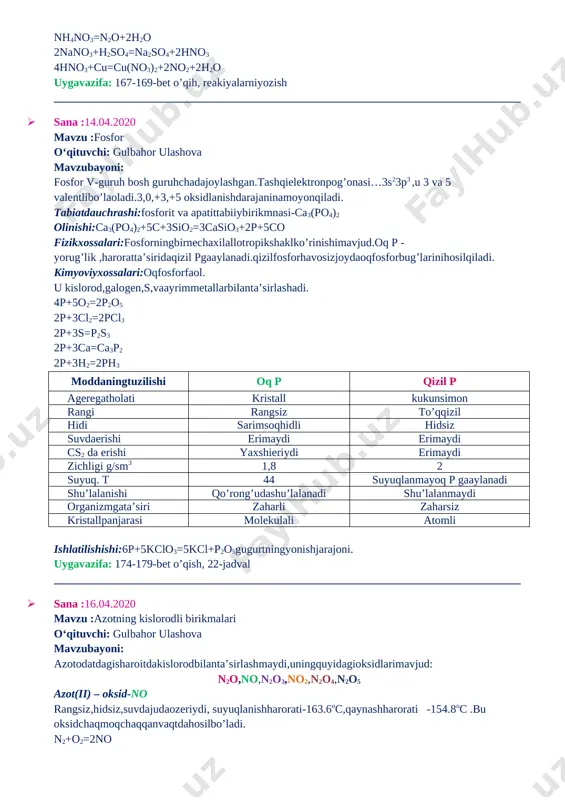 c+3sio2=3casio3+2p+5co fizikxossalari:fosforningbirnechaxilallotropikshaklko’rinishimavjud.oq p - yorug’lik ,haroratta’siridaqizil pgaaylanadi.qizilfosforhavosizjoydaoqfosforbug’larinihosilqiladi. kimyoviyxossalari:oqfosforfaol. u kislorod,galogen,s,vaayrimmetallarbilanta’sirlashadi. 4p+5o2=2p2o5 2p+3cl2=2pcl3 2p+3s=p2s3 2p+3ca=ca3p2 2p+3h2=2ph3 moddaningtuzilishi oq p qizil p ageregatholati kristall kukunsimon rangi rangsiz to’qqizil hidi sarimsoqhidli hidsiz suvdaerishi erimaydi erimaydi cs2 da erishi yaxshieriydi erimaydi zichligi g/sm3 1,8 2 suyuq. t 44 suyuqlanmayoq p gaaylanadi shu’lalanishi qo’rong’udashu’lalanadi shu’lalanmaydi organizmgata’siri zaharli zaharsiz kristallpanjarasi molekulali atomli ishlatilishishi:6p+5kclo3=5kcl+p2o5gugurtningyonishjarajoni. uygavazifa: 174-179-bet o’qish, 22-jadval __________________________________________________________________________________ · sana :16.04.2020 mavzu :azotning kislorodli birikmalari o‘qituvchi: gulbahor ulashova mavzubayoni: azotodatdagisharoitdakislorodbilanta’sirlashmaydi,uningquyidagioksidlarimavjud: n2o,no,n2o3,no2,n2o4,n2o5 azot(ii) – oksid-no rangsiz,hidsiz,suvdajudaozeriydi, suyuqlanishharorati-163.6oc,qaynashharorati -154.8oc .bu oksidchaqmoqchaqqanvaqtdahosilbo’ladi. n2+o2=2no 3cu+8hno3=3cu(no3)2+2no+4h2o 2no+o2=2no2 azot(iv)–oksid - no2 no2-qizg’ish-qo’ng’irrangli,o’tkirhidlizaharli,bo’g’uvchi gaz. suvdayaxshieriydi. no2laboratoriyayadamisgakonsentrlangan.nitratkislotata’sirettiribolinadi. cu+4hno3=cu(no3)2+2no2+2h2o 2no2+h2o=hno3+hno2 uygavazifa: 164-165-bet o’qish, 159-bet 1-3-savollar __________________________________________________________________________________ · sana :21.04.2020 mavzu :nitratkislota o‘qituvchi: gulbahor ulashova mavzubayoni: · mineral o’g’itlarniishlabchiqarishda · bo’yoqlarolishda · portlovchimoddalarolishda · sum’iytolalarishlabchiqarishda · kinoplyonkalarishlabchiqarishda · dori -darmonlartayyorlashda · har -xilnitratlarniishlabchiqarishda · “zarsuvi” tayyorlashda n