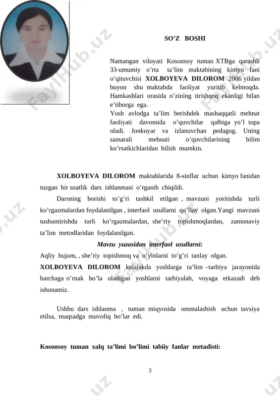rod va suv bilan odatdag i sharoitda shiddatli reaksiyaga kirishadi, natijada bir valentli birikmalarini hosil qiladi. 2na+o2=na2o2 2k+o2=k2o2 2na+2h2o=2naoh+h2 2k+2h2o=2koh +h2 shuningdek, li, rb, cs va fr metallari ham o‘z xossalari jihatidan na va k metallariga o‘xshash. bu metallar bir oilani, ya’ni, ishqoriy metallar oilasini tashkil qiladi. · ishqoriy metallar quyidagi umumiy xossalarga ega: 5-ishqoriy metallar barcha birikmalarida bir valentli. · ishqoriy metallarning gidroksidlari ishqorlardir, ular suvda yaxshi eriydi. ishqoriy metallarning atom massalari ortib borishi bilan fizik va kimyoviy xossalari davriy ravishda o‘zgarib boradi davriy jadvalning ettinchi gurux asosiy elementlarini galogenlar deb nomlanib , fanga 1811-yilda nemis kimyogari i.shveyger kiritgan bo’lib, “tuz” va “hosil qiluvchi” degan ma’nolarni bildiradi. “galogenlar” atamasi ftor, xlor ,brom yod va astat uchun umumiy bo’lib qolgan. galogenlarning barchasi metalmaslar bo’lib, tashqi energetik pog’onasida 7 ta elektron bor, demak , tugallangan energetic pog’onaga o’tishi uchun 1 ta elektron yetishmaydi. shu sababli galogenlar vodorod hamda metallardan bitta elektron …