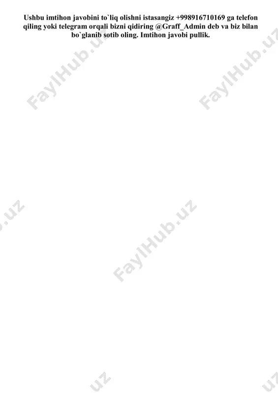 paytirish va sifatini oshirishga to'sqinlik qilardi. geologlarning izlanishlari natijasida malikcho'l sarhadlarida, shundoqqina zavodning yonida tuf koni topildi. tuf eng a'lo shlakdan ham, noyob aralashma-klinkerdan ham qolishmaydigan sement xomashyosidir. kon zaxirasi katta bo'lib, yiliga 2-3 mln tonna tuf qazib olinganda ham 45-50yilga yetishi aniqlandi. endilikda kon va zavod oralig'ida temiryo'l yotqizish ishlari olib borilmoqda. 2. dengiz tubiga exolot jo‘natgan ovoz to‘lqini 12 sekundda borib kelgan bo‘lsa, uning chuqurligi necha metrga teng bo‘ladi? javob: suvda tovush tezligi 1500m/s; 12sekund ; 1500*12=18000 ; 18000:2=9000 javob:9000 m dengiz chuqurligi ushbu imtihon javobini to`liq olishni istasangiz +998916710169 ga telefon qiling yoki telegram orqali bizni qidiring @graff_admin deb va biz bilan bo`glanib sotib oling. imtihon javobi pullik.