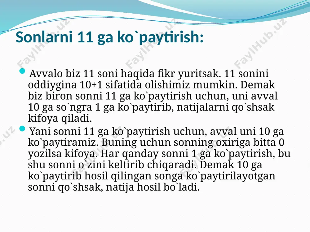 4:2=37)3700 ikki xonali toq sonlarni 50 ga ko`paytirish. ikki xonali toq sonlarni 50 ga ko`paytirish uchun, avvalo ularni 2 ga bo`lamiz. natijada 1 qoldiq qoladi. ko`paytma natijasidan keyin 50 ni yozamiz. 47*50=(47:2=23 (1 qoldiq)) 2350 17*50=(17:2=8(1q))850 ikki xonali juft sonlarni 51 ga ko`paytirish. bu amalni bajarish uchun, avval ko`paytuvchini 2 ga bolamiz va natijani yozamiz. undan so`n ko`paytuvchini yozib qo`ysak kifoya. 42*51=(42:2=21) 2142 34*51=(34:2=17) 1734 84*51=(84:2=42) 4284 78*51=(78:2=39) 3978 11 dan 49 gacha toq sonlarni 51 ga ko`paytirish. buning uchun ko`paytuvchini 2 ga bolamiz va natijani butun qismini yozamiz. so`ngra ko`paytuvchiga 50 ni qo`shamiz, hosil bo`lgan natija birinchi natijadan keyin yoziladi. 43*51=(43:2=21; 50+43=93) 2193 27*51=(27:2=13; 50+27=77) 1377 51 dan 99 gacha toq sonlarni 51 ga ko`paytirish. avval ko`paytuvchi sonni 2 ga bo`lamiz. natijaning butun qismiga 1 ni qo`shib yozamiz. ko`paytuvchi sondan 50 ni ayiramiz va birinchi natijadan keyin yozamiz. 87*51=(87:2=43; 87-50=37) 4437 73*51=(73:2=36; 73-50=23) 3723 ikki xonali jutf sonlarni 49 …