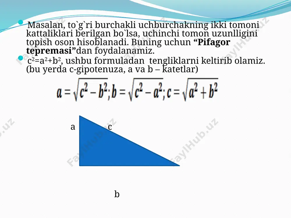 l. sin(arctg5) ni qiymatini topamiz. bu yerdan, tgx=5 ekanligidan foydalanib uchburchak yasab olamiz. uchburchakning katetlari a=5 va b=1 ga teng. endi gipotenuza qiymatini pifagor teoremasidan topamiz. bundan sin(arctg5)=5/√26 ekanligini hisoblab chiqaramiz. image2.png image3.png image4.png image5.png image6.png image7.png image8.png image9.png