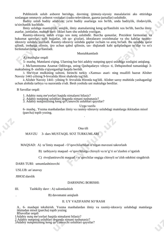xos ko'rinishlari bor. adabiy nutq so'z san'atkorlari — yozuvchilar, shoirlar, olimlar tomonidan ishlangan, qat'iy me'yorlarga ega bo'lgan nutq ko'rinishidir. adabiy nutqda har bir so'z va qo'shimchaning talaffuzi, imlosi, qo'l- lanilishi, ma'nolari aniq me'yorlar bilan chegaralangan. bu me'yorlarni buzish qo'pol xato sanaladi. odatda, barcha rasmiy yozishmalar, hujjatlar, o'qitish ishlari, matbuot xabarlari adabiy nutqda amalga oshiriladi. adabiy nutq me'yorlarini buzish nafaqat savodsizlik va madaniyatsizlik, balki o'z ona tiliga nisbatan hurmatsizlik belgisidir. mana shu sababdan, umumta'lim maktablarida «ona tili» o'quv fanlaridan biri sanaladi. zero, bu fan adabiy nutq me'yorlarini o'rgatadi, sizda undan foydalanish ko'nikmalarini shakllantiradi. adabiy nutqning muayyan sohadagi muloqot uchun moslash- tirilgan, bir qator o'ziga xos xususiyatlari bilan farqlanib turadigan ko'rinishlari — uslublari mavjud. bular quyidagilar: 1) so'zlashuv uslubi; 2) publitsistik uslub; 3) badiiy uslub; 4) ilmiy uslub; 5) rasmiy-idoraviy uslub. so'zlashuv uslubi kishilarning oilada, ko'cha-ko'yda fikr al- mashinuvi jarayonida qo'llaniladigan nutq uslubidir. so'zlashuv uslubi ko'pincha dialog shaklida bo'ladi. publitsistik uslub axborot …