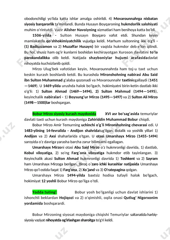 iamir temur saltanatining markazi — samarqand taxtini egallash edi. tez orada 1) boysung'ur mirzo bilan 2) ukasi sulton ali mirzo o‘rtasida toj-u taxt uchun kurash boshlandi. bundan xabar topgan bobur mirzo 1496-yilda qo'shini bilan samarqandni qamal qilishga tutinadi. biroq qish yaqinlashib qolganligi tufayli samarqand qamalini to'xtatib, andijonga qaytishga majbur bo'ldi. 1497-yilda bobur mirzo yanasamarqandga yurish boshlaydi va samarqand qamali boshlanadi. qamal yetti oydan ziyod davom etdi.bu vaqtda shahar ichida oziq-ovqat tanqisligi yuz bergani tufayli boysung'ur mirzo askarlari orasida parokandalik ro'y beradi. tang ahvolda qolgan boysung'ur mirzo kam sonli qo'shini va va yaqinlari bilan qunduz hukmdori xusravshoh huzuriga qochdi. bobur mirzo esa 1497-yilning noyabr oyida samarqand taxtini egallashga muvaffaq bo’ldi. andijonda hokimiyat uchun kurash biroq, bu hol uzoqqa bormadi. boburning andijondagi dushmanlaritil biriktirib, ukasi jahongir mirzoni - andijon taxtiga o'tqazishga erishdilar. vujudga kelgan harbiy-siyosiy tanglikni tushungan bobur mirzo qanday bo'lmasin andijonni saqlab qolishga qaror qildi va samarqandni yuz kun idora etgandan …