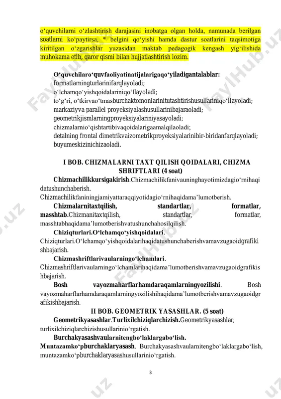 ma’lumotberishvamavzugaoidgrafikis hbajarish. bosh vayozmaharflarhamdaraqamlarningyozilishi. bosh vayozmaharflarhamdaraqamlarningyozilishihaqidama’lumotberishvamavzugaoidgr afikishbajarish. ii bob. geometrik yasashlar. (5 soat) geometrikyasashlar.turlixilchiziqlarchizish.geometrikyasashlar, turlixilchiziqlarchizishusullarinio‘rgatish. burchakyasashvaularnitengbo‘laklargabo‘lish. muntazamko‘pburchaklaryasash. burchakyasashvaularnitengbo‘laklargabo‘lish, muntazamko‘pburchaklaryasashusullarinio‘rgatish. 4 geometriknaqsh- girixchizish.geometrikshakllarasosidagirixlinaqshchizishusullarinio‘rgatish. tutashmalar.to‘g‘ri, o‘tmasvao‘tkirburchaktomonlarinitutashtirish. tutashmalarhaqidama’lumotberishvato‘g‘ri, o‘tkirvao‘tmasburchaktomonlarinitutashtirishusullarinio‘rgatishvatushunchahosilqi lish. ikkiaylananiuchinchiaylanayordamidatutashtirish.aylanavato‘g‘richiziq larnitutashtirish.aylanavato‘g‘richiziqlarnitutashtirishhamdaikkiaylananiuchinchi aylanayordamidatutashtirishusullarinio‘rgatishvatushuncha iii bob. proyeksion chizmachilik. (9 soat) proyeksiyalashusullari.markaziyva parallel proyeksiyalash. proyeksiyahaqidama’lumotberish.markaziyva parallel proyeksiyalashusullarinio‘rgatishvatushunchahosilqilish. oktantvaepyurhaqidaumumiytushuncha.oktantvaepyurhaqidama’lumotbe rishvatushunchahosilqilish. to‘g‘richiziqningproyeksiyalari.to‘g‘richiziqningproyeksiyalarihaqidama’l umotberishvamavzugaoidgrafikishbajarish. tekisshaklningproyeksiyalari.tekisshaklningproyeksiyalarihaqidama’limot berishvamavzugaoidgrafikishbajarish. modelnibitta, o‘zaroperpendikulyarikkitaproyeksiyalartekisligigaproyeksiyalashvatekischiz ma (epyur) hosilqilish.epyurhaqidama’lumotberishvamavzugaoidgrafikishbajarish. geometrikjismlarvaularningproyeksiyalariniyasash. geometrikjismlarhaqidama’lumotberishvaularningproyeksiyalariniyasashusullarini o‘rgatish. ko‘pyoqliklarningyoyilmalari.tekisshaklningproyeksiyalarihaqidatushunch aberishvamavzugaoidgrafikishbajarish. silindr, konus, sharvapiramidalarningproyeksiy