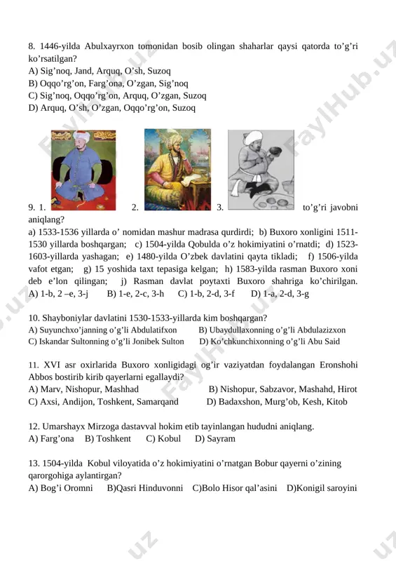 1574-yilda, abdullaxon ii yurisbidan so’ng d) 1598-yilda, pirmuhammad hujumidan so’ng 16. o’rta asrlardagi "to’lg’ama" nima? a) jangning dushman qo’shinini qoq o’rtasidan zariba berish, uni ikkiga bo’hb tashlab sarosimaga sohsh usuli b) ziroatkor aholi mayda daromadlarini qo’shib, umumlashtirib olinadigan soliq turi c) jangning dushman qo’shini qanot qismidan aylanib o’tib, orqadan hujum qilish usuli d) qo’shindagi piyoda va otliq suvoriylar aralash qismlarining joylashuv tartibi 17. bobur mirzo taxtga chiqqanining dastlabki yillarida yosh bo’lganligi tufayli qaysi bekning yordamida davlatni boshqargan edi? a) uzun hasan b) hojiqozi c) xusravshoh d) xoja abdullo 18. dashti qipchoqni sharqiy va g’arbiy qismlarga bo’lib turadigan geografik ob’ektni aniqlang? a) qoraqum sahrosi b) ural daryosi c) dnepr daryosi d) kaspiy dengizi 19. oltin o’rda jo’jixonning o’g’illari o’rtasida uluslarga bo’linishi natijasida, dashti qipchoqning sharqiy qismi …….. tegdi. nuqtalar o’rniga mos javobni toping? a) botuxonga b) shaybonga c) abulxayrxonga d) muhammad shayboqga 20. shoh ismoil va shayboniyxon o’rtasidagi jang qaysi shahar …
