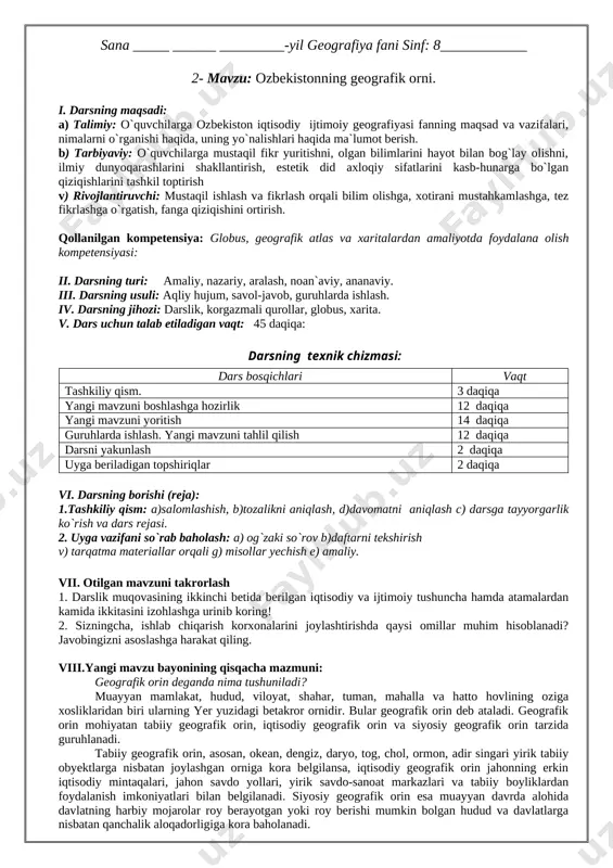 ovonlashuviga yordam beruvchi geografik bilimlar bilan qurollantiradi. shuningdek, geografik bilimingizni oshirishda turli man- balardan mustaqil foydalanish usullarini tarkib toptiradi. bu fan xulosalari uchun asos bo�lgan ma'lumotlar - daliliy ashyolar zamon bilan hamnafas o�zgarib boradi. darslikda keltirilgan raqamli ma'lumotlar, rasm, xarita-sxemalardagi ma'lumotlar va hatto joy nomlari ham ertaga bugungidan farqlanishi mumkin. iqtisodiy va ijtimoiy geografiyaga xos bu jihat kundalik voqea va hodisalardan muntazam xabardor bo�lib turishni taqozo etadi. yurtimizda bozor iqtisodiyotiga o�tishdek murakkab va keng qamrovli jarayon kechmoqda. bunday paytda mamlakatda, har bir shahar yoki qishloqda muayyan muammolar vujudga kelishi tabiiy. darslik sizni shunday muammolar bilan tanishtiradi hamda ularning yechimini topishga o�rgatadi. xalqimiz taraqqiyot yo�lida matonat ko�rsatib mehnat qilmoqda. mamlakatimiz mustaqilligini mustahkamlashda, ayniqsa, siz yoshlar faollik ko�rsatishingiz va kelgusidagi faoliyatingiz barakali bo�lishi zarur. zero, mehnat unumdorligi bozor munosabatl ariga o�tishda eng muhim va eng asosiy omil hisoblanadi. o�zbekiston iqtisodiy va ijtimoiy geografiyasini o�rganish bu vazifaning muhimligini tushunishga, demakkim, o�z fuqarolik burchingizni …