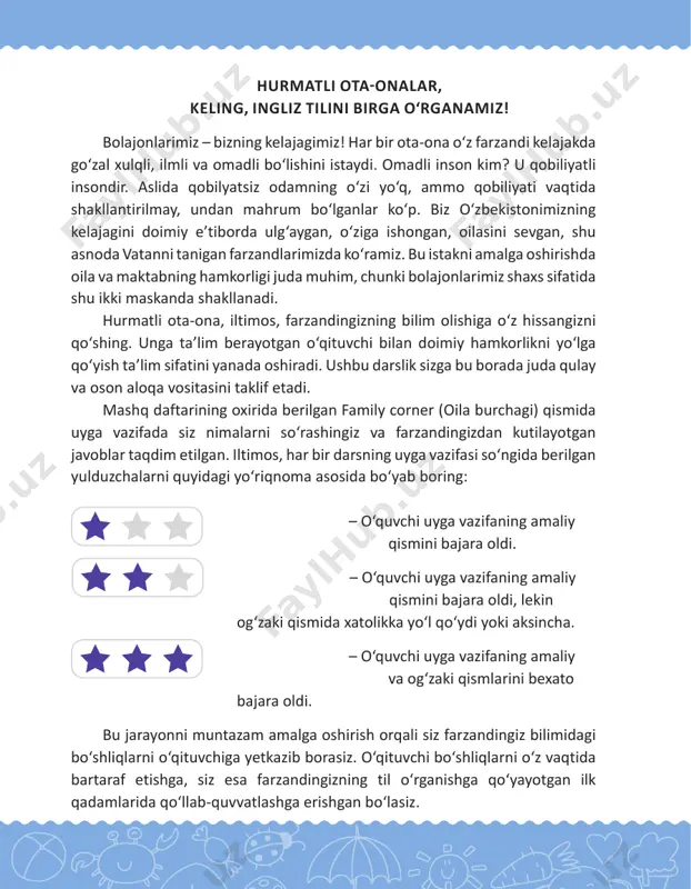 ck. homework. 1. look and draw. qarang, “a”, “b” va “c” tovushlarini berilgan shakllar ichiga oling. a b c c c c family time! evaluate! baholang! a a a a b bb b c 10 3. listen and circle. homework. 1. colour the picture. look, point and say. who is in the family? family time! evaluate! baholang! lesson 1 who is in your family? rasmlarni bo‘yang. oilada kimlar borligini ayting. 1 4 2 5 3 6 2 u n it 11 4. listen and tick. homework. 1. draw your family and practice saying “this is my …”. oilangizning rasmini chizing va “this is my …” (bu mening …”) iborasini ishlatib, ularning nomlarini ayting. family time! evaluate! baholang! who is this? lesson 2 1 2 3 4 5 6 12 lesson 3 is your family big or small? 4. listen and number. homework. 1. count the people in the family. then …
