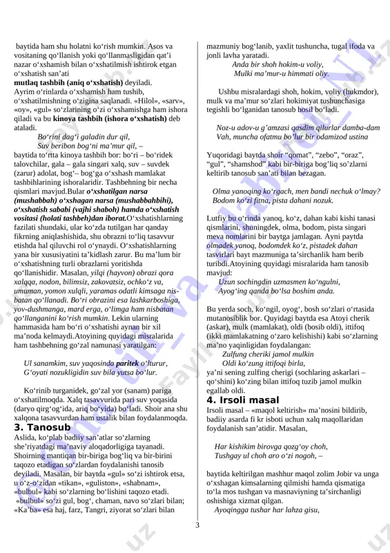 sen nuri pok, xilqat alarg‘au sanga – tiyra xok, – 2 @ ona _t ili _v a_ ad ab iyo t_ n1 baytida ham shu holatni ko‘rish mumkin. asos va vositaning qo‘llanish yoki qo‘llanmasligidan qat’i nazar o‘xshamish bilan o‘xshatilmish ishtirok etgan o‘xshatish san’ati mutlaq tashbih (aniq o‘xshatish) deyiladi. ayrim o‘rinlarda o‘xshamish ham tushib, o‘xshatilmishning o‘zigina saqlanadi. «hilol», «sarv», «oy», «gul» so‘zlarining o‘zi o‘xshamishga ham ishora qiladi va bu kinoya tashbih (ishora o‘xshatish) deb ataladi. bo‘rini dag‘i galadin dur qil, suv beribon bog‘ni ma’mur qil, – baytida to‘rtta kinoya tashbih bor: bo‘ri – bo‘ridek talovchilar, gala – gala singari xalq, suv – suvdek (zarur) adolat, bog‘– bog‘ga o‘xshash mamlakat tashbihlarining ishoralaridir. tashbehning bir necha qismlari mavjud.bular o‘xshatilgan narsa (mushabbah) o‘xshagan narsa (mushabbahbihi), o‘xshatish sababi (vajhi shaboh) hamda o‘xshatish vositasi (holati tashbeh)dan iborat.o‘xshatishlarning fazilati shundaki, ular ko‘zda tutilgan har qanday fikrning aniqlashishida, shu obrazni to‘liq tasavvur etishda hal qiluvchi rol o‘ynaydi. o‘xshatishlarning …